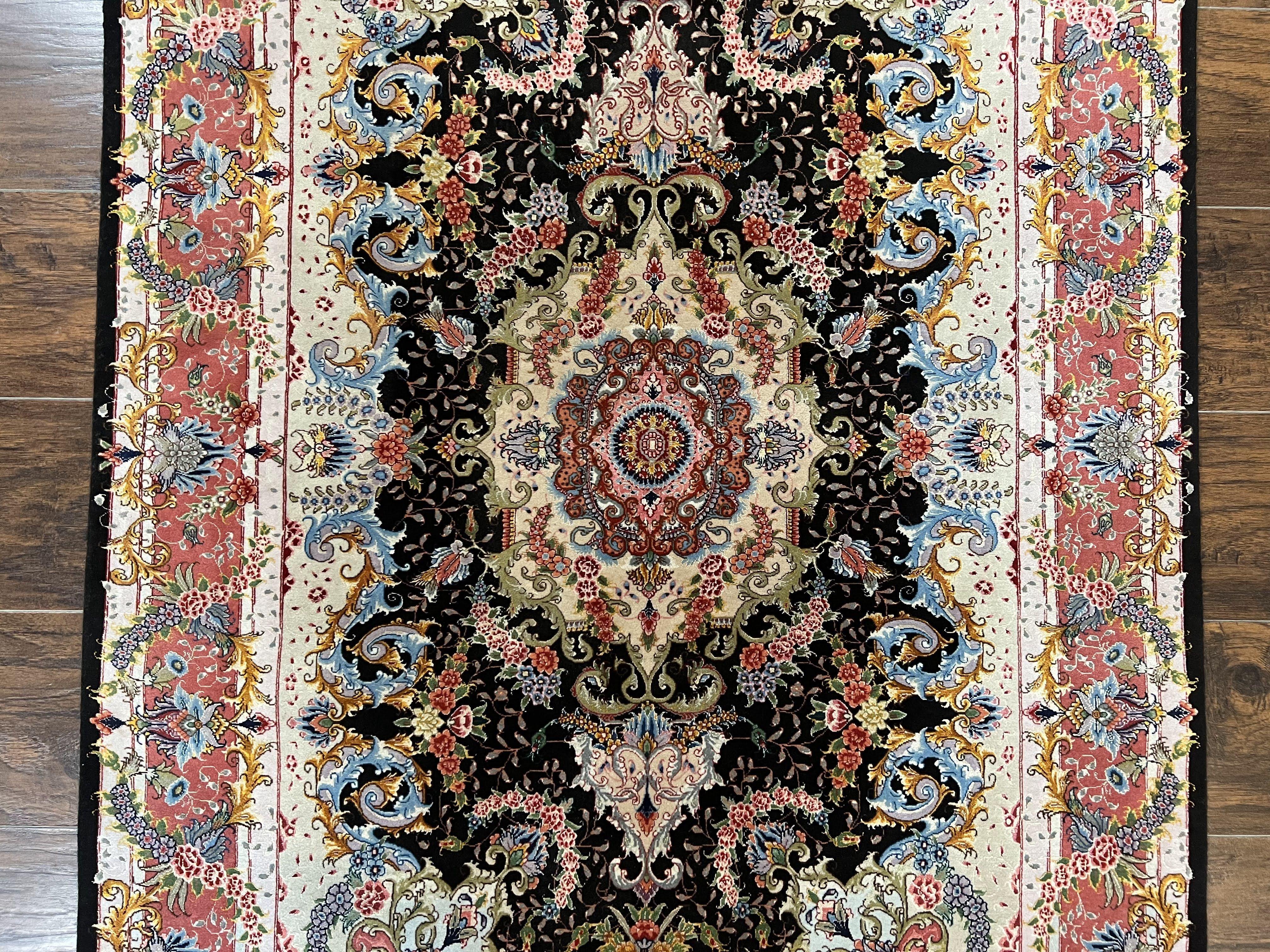 Stunning Persian Tabriz Rug 3.5 x 5, Super Fine, Kork Wool on Silk, Floral Medallion, 70 Raj, 650 KPSI, Signed Master Piece, Hand Knotted, Black - Jewel Rugs