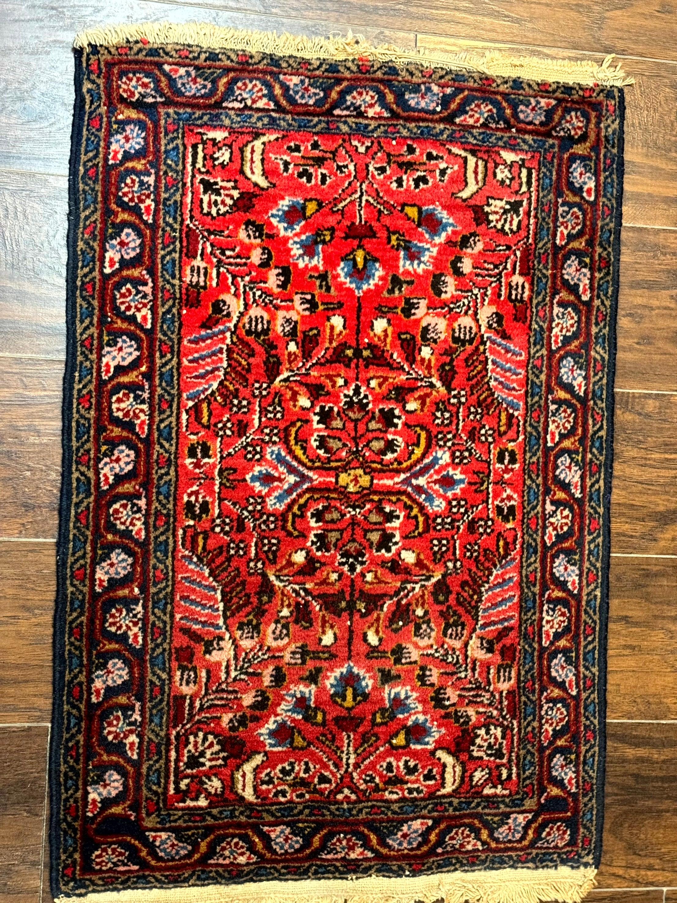 Small Antique Persian Tribal Rug 2x3, Red, Floral, Handmade, Hamadan Rug - Jewel Rugs