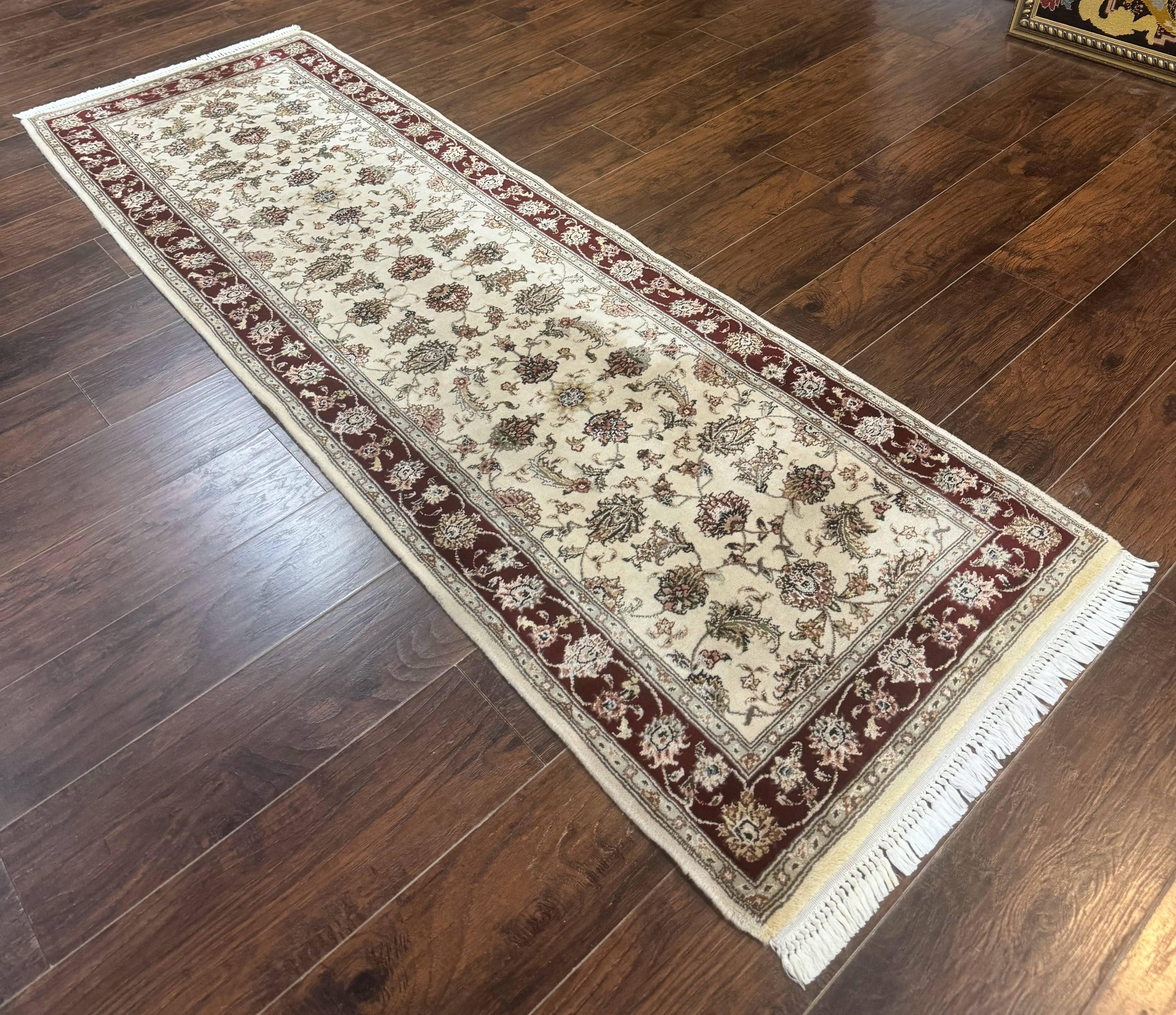 Pak Persian Runner Rug 2.8 x 8, Handmade Vintage Carpet, Beige and Maroon, Wool and Silk Highlights - Jewel Rugs