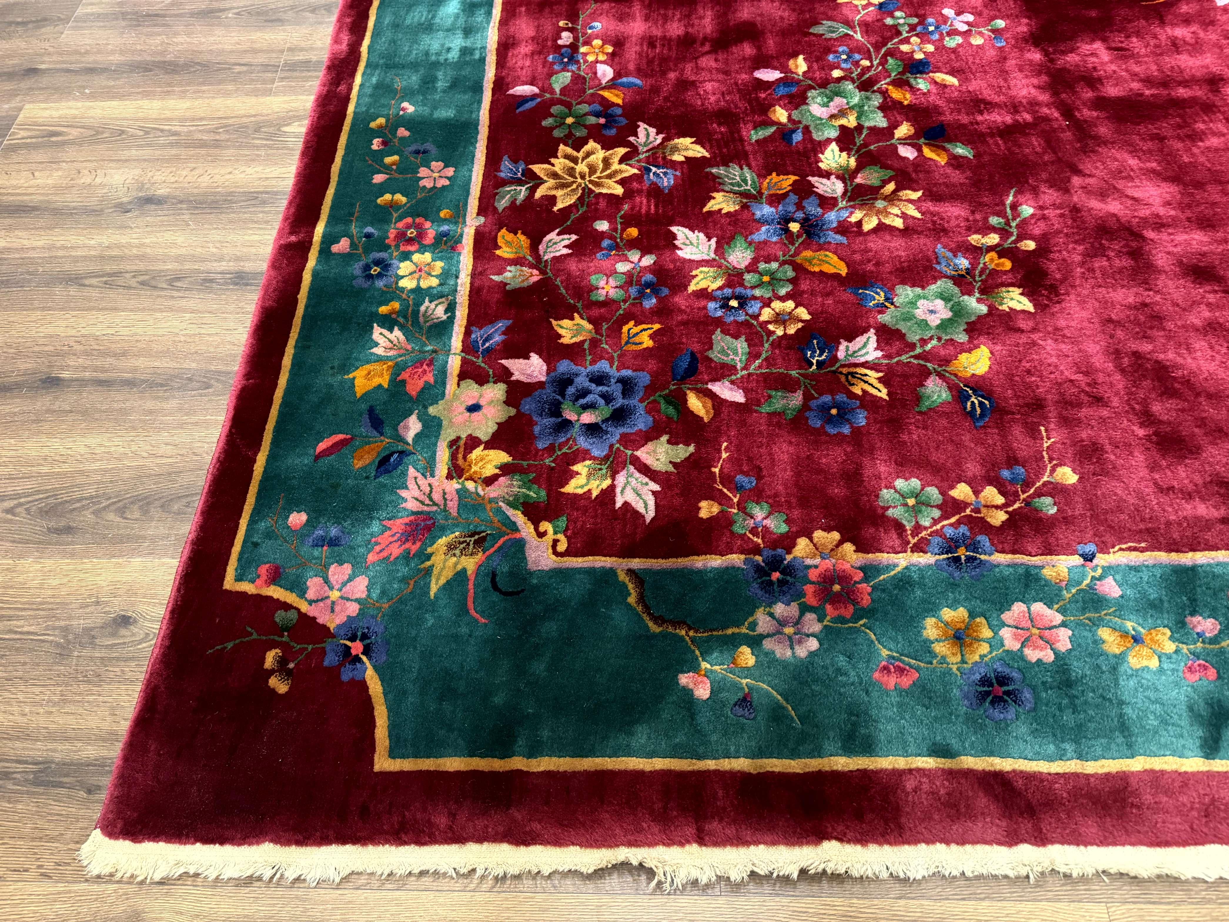 Antique Chinese Art Deco Rug 9x11, Rare, Nichols Rug, Cherry Red and Green, Chinese Wool Carpet - Jewel Rugs