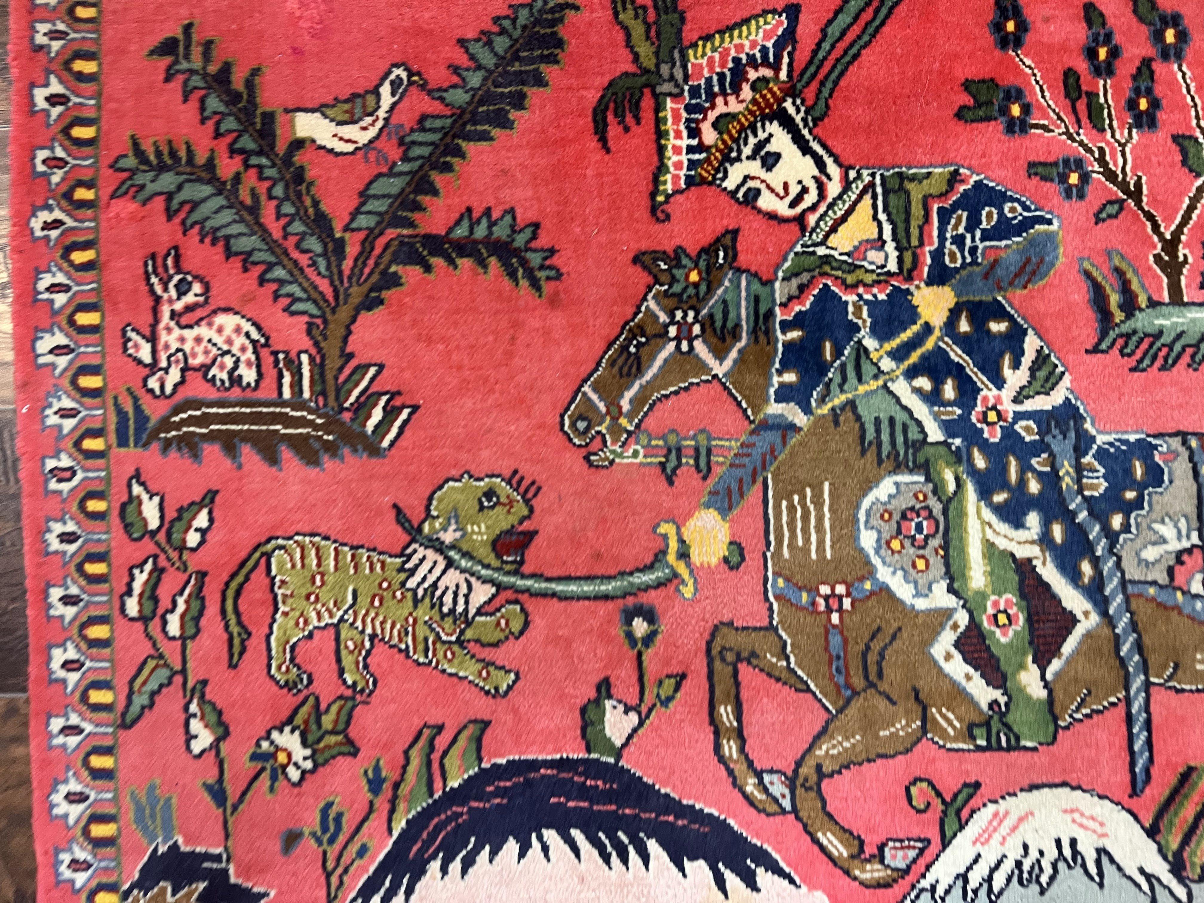 Persian Kashan Hunting Rug 4x3, Wool Hand-Knotted Vintage Carpet, Semi Antique Pictoral Rug, Red, Horsemen Lion Animal Pictorials - Jewel Rugs