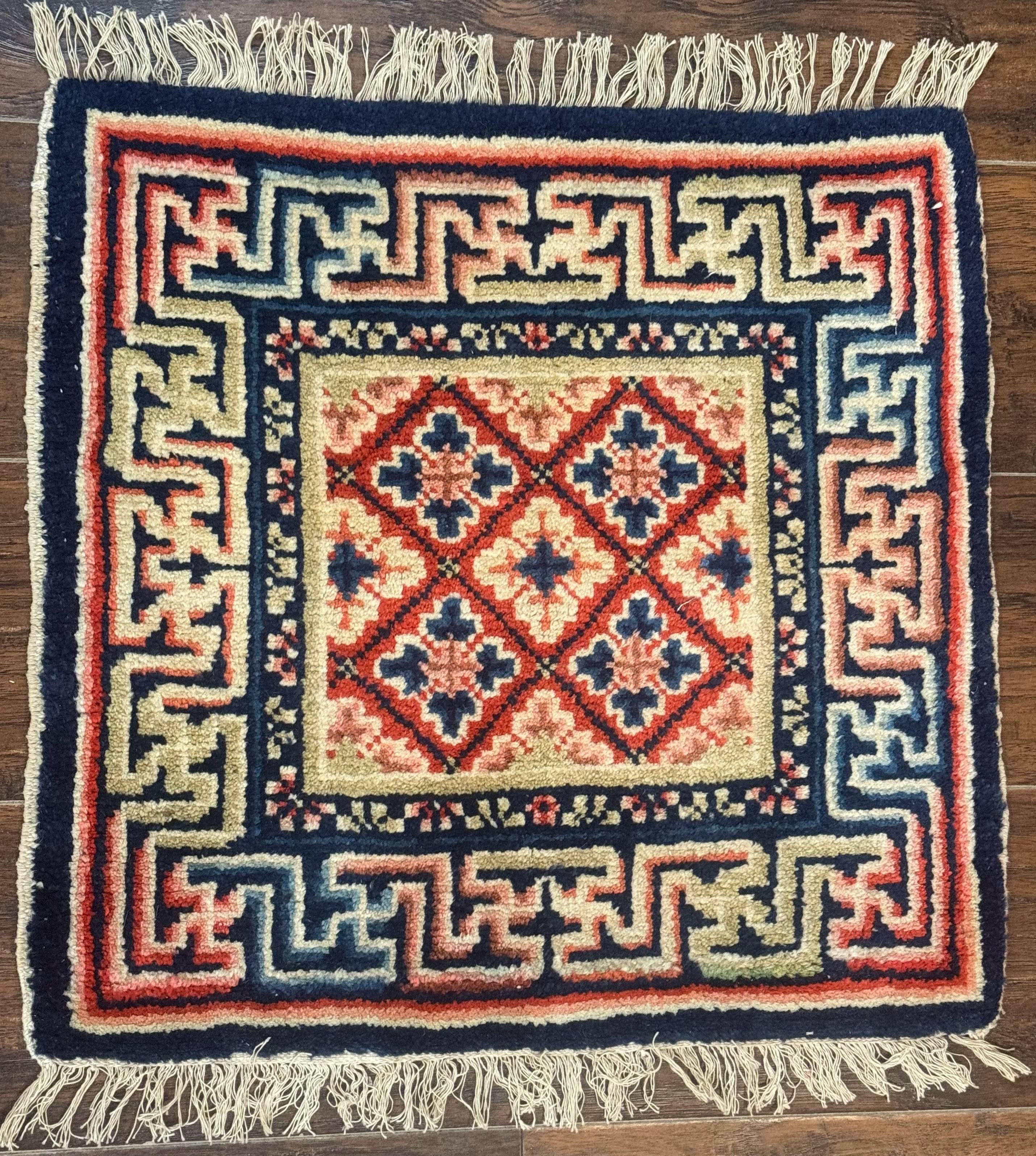 Small Antique Chinese Rug 2x2, Red Blue Square Rug Mat, Handmade, Tibetan Rug - Jewel Rugs