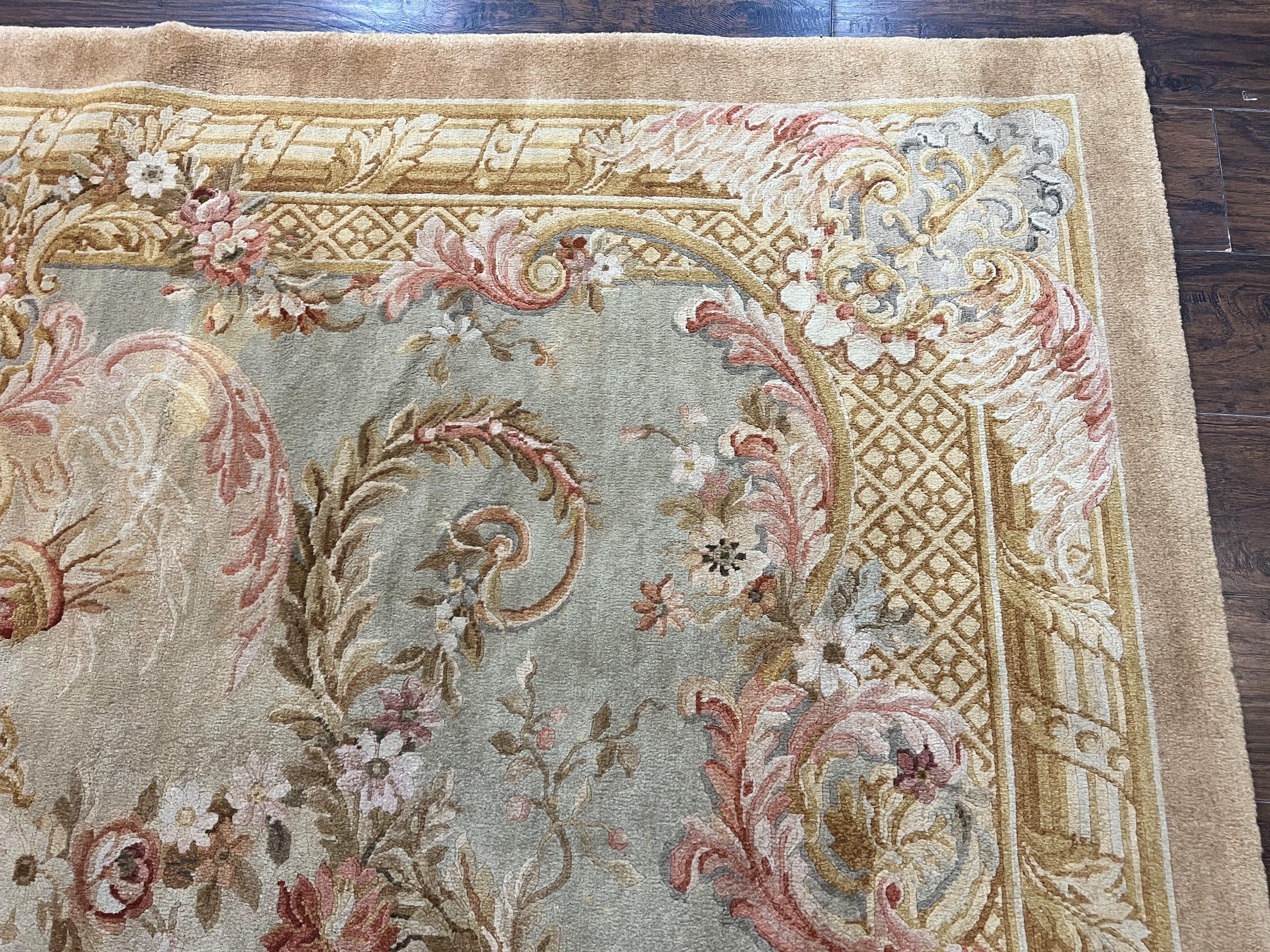 Aubusson Rug 9x12, Wool Hand Knotted Vintage Carpet, European Design, Elegant Room Sized Rug 9 x 12 - Jewel Rugs
