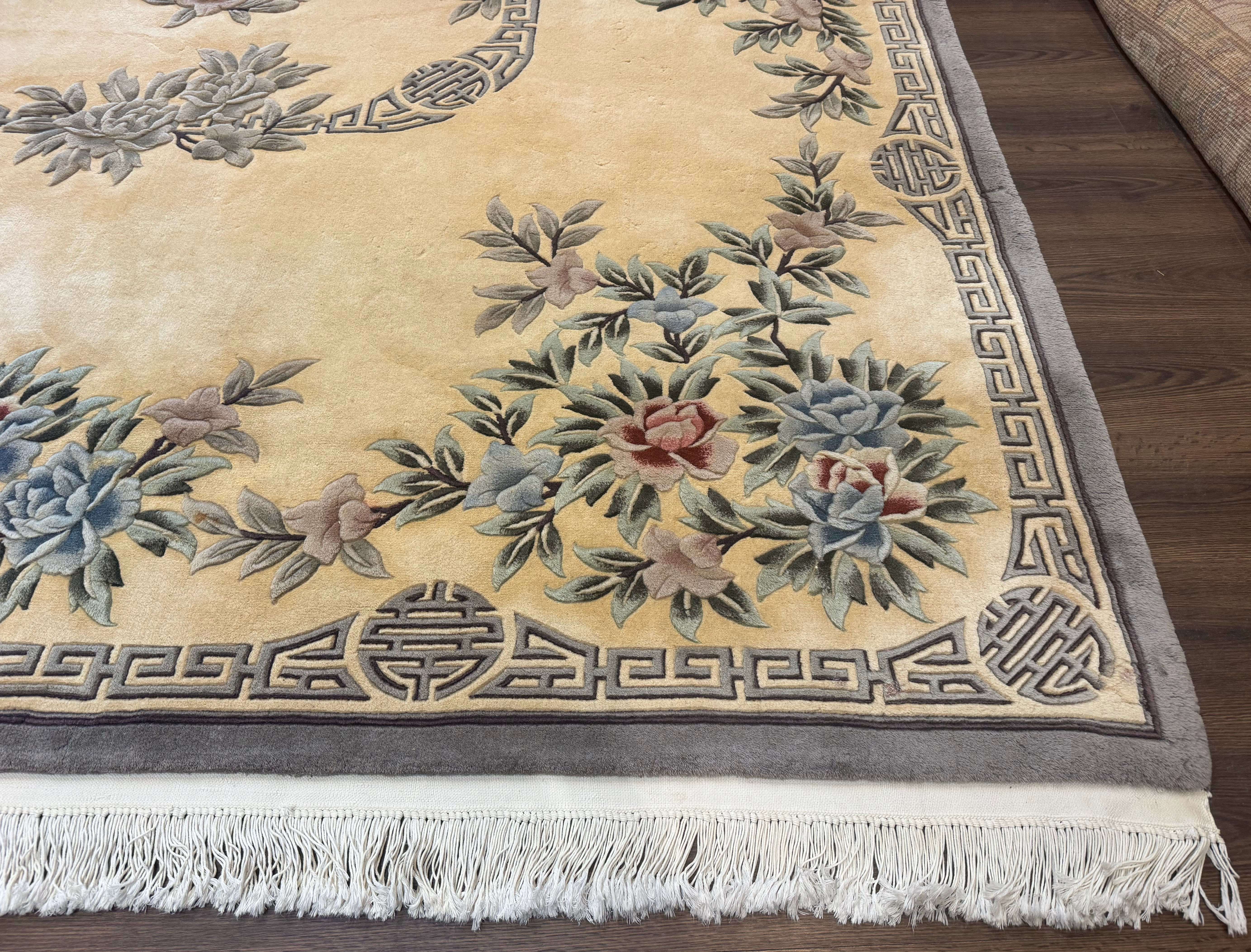 Chinese Wool Rug 9x12, Carving 90 Line Carpet, Floral, Cream and Green - Jewel Rugs