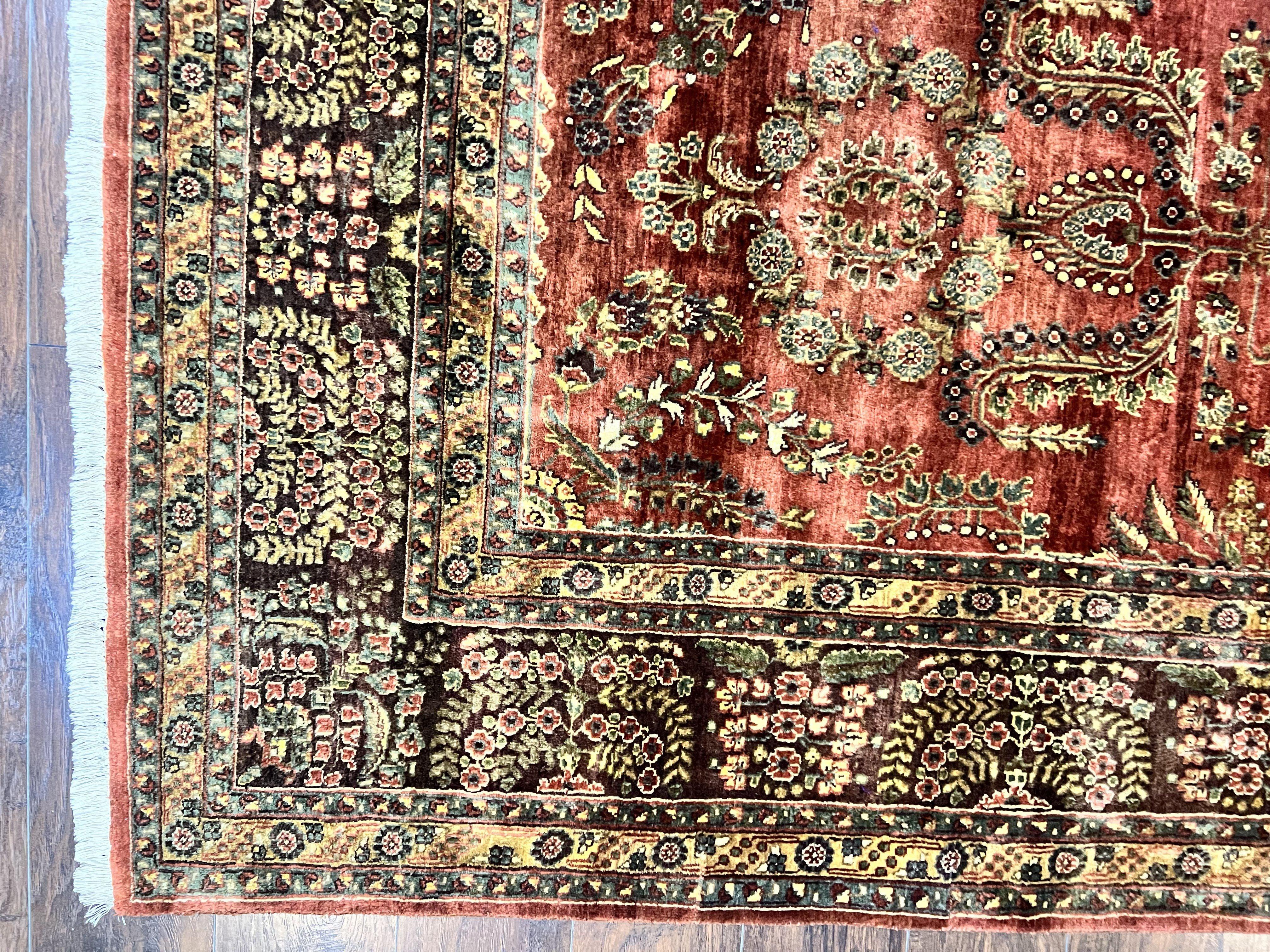 Indo Persian Sarouk Rug 8x10, Indian Oriental Carpet 8 x 10 ft, Red Handmade Wool Fine Floral Allover Vintage Rug, Traditional Rug - Jewel Rugs