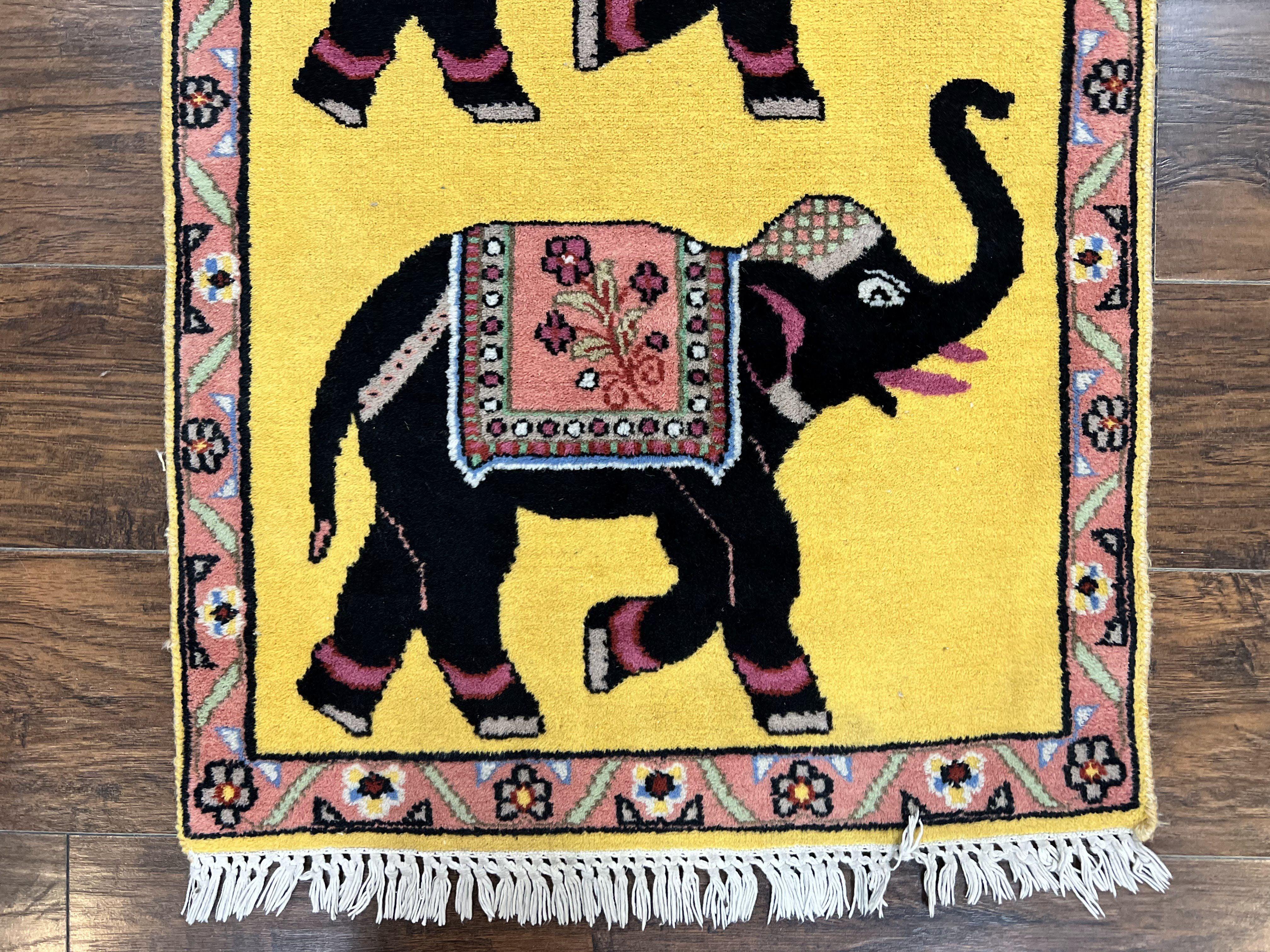 Unique Indian Pictorial Rug 2x3, Small Wool Hand Knotted Oriental Carpet, Yellow, Two Elephants, Handmade - Jewel Rugs