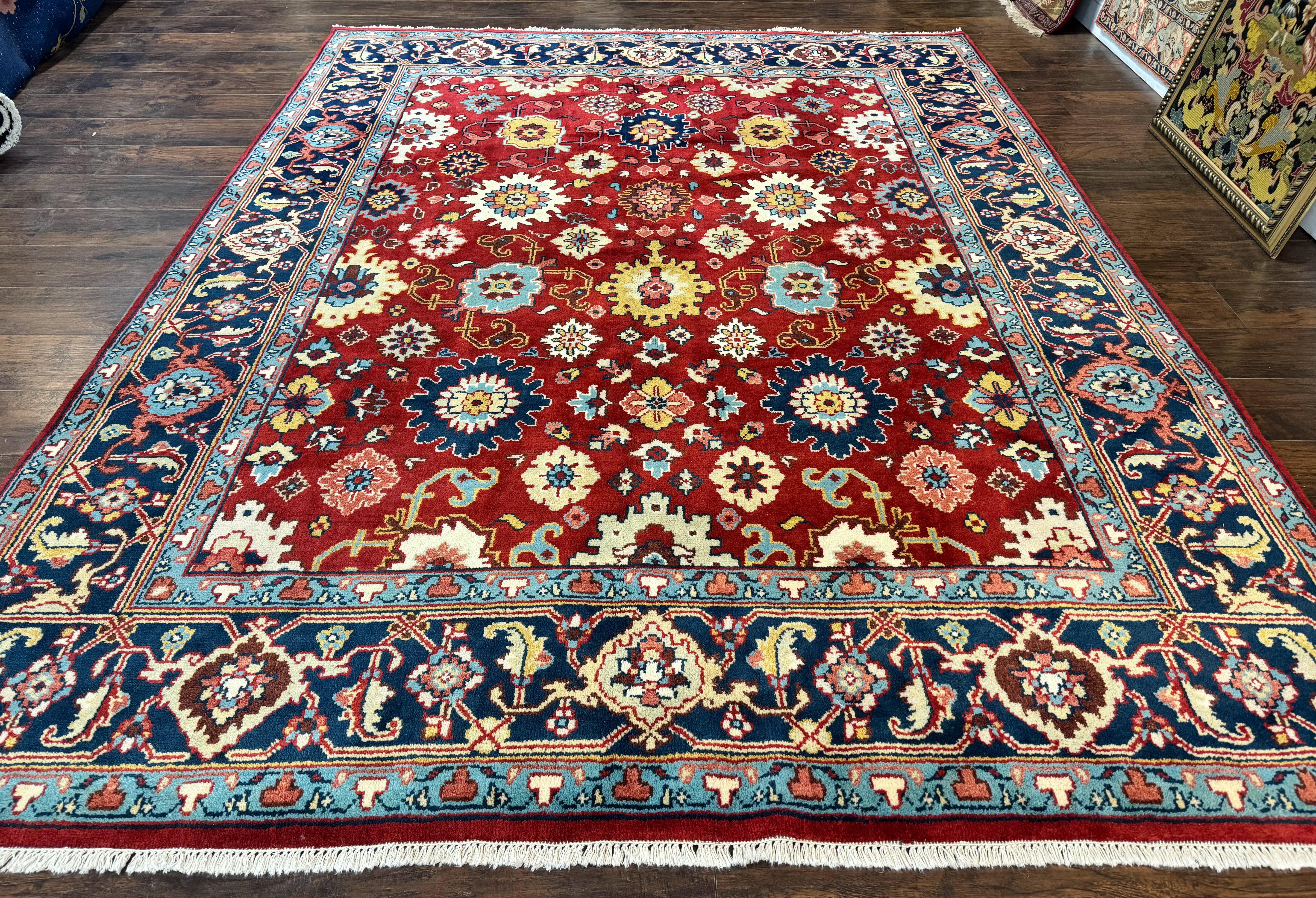 Indo Heriz Rug 8x10, Red and Navy Blue, Allover Pattern, Wool Handmade Carpet - Jewel Rugs