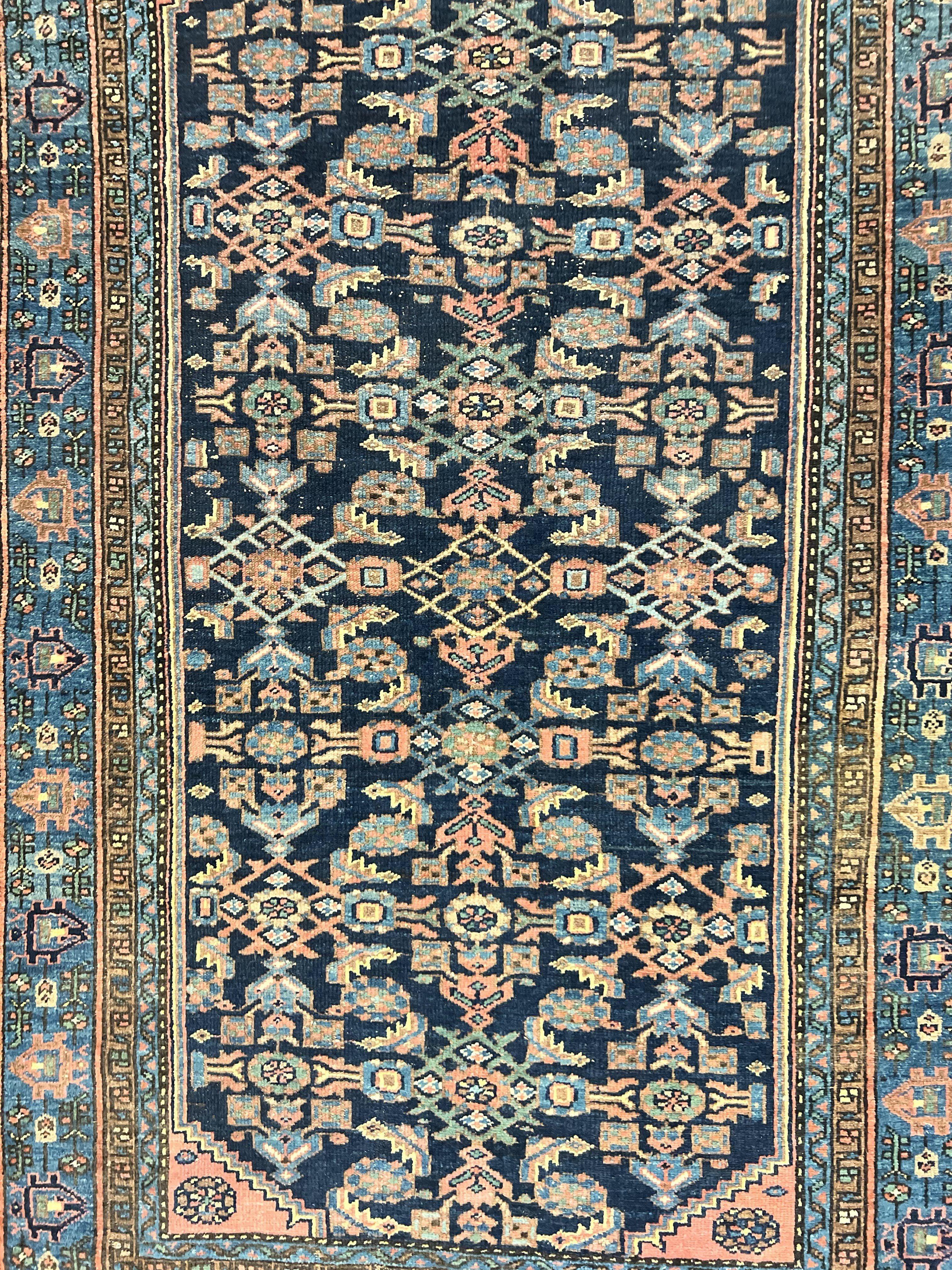 Antique Persian Tribal Rug 5x7, Navy Blue & Pink, Hand Knotted Handmade 1920s Wool Rug, Allover Pattern, Persian Hamadan Rug - Jewel Rugs