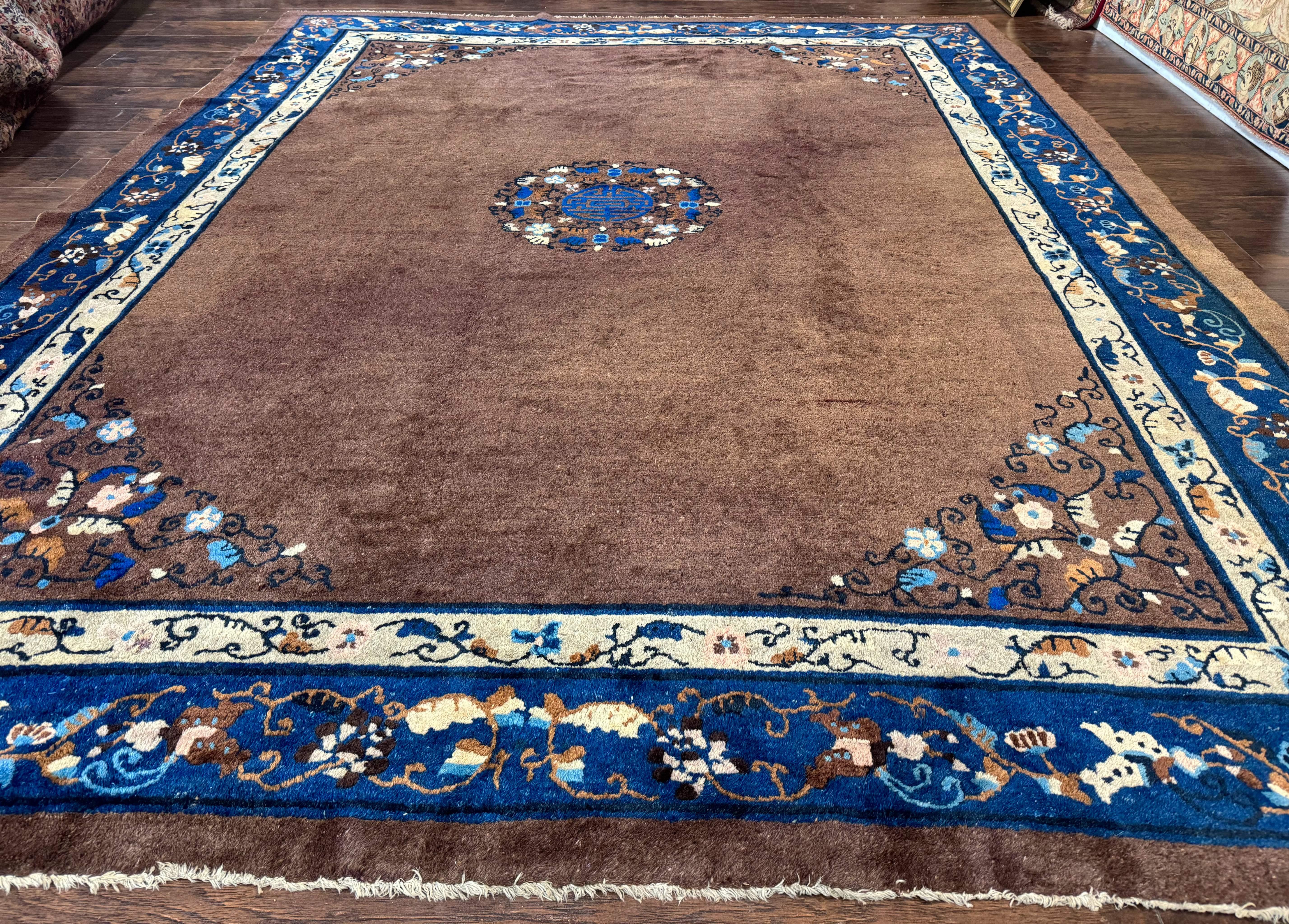 Antique Chinese Wool Rug 9x11, Large Chinese Art Deco Rug, Peking Rug, Brown and Blue, Open Field, Fete Rug - Jewel Rugs