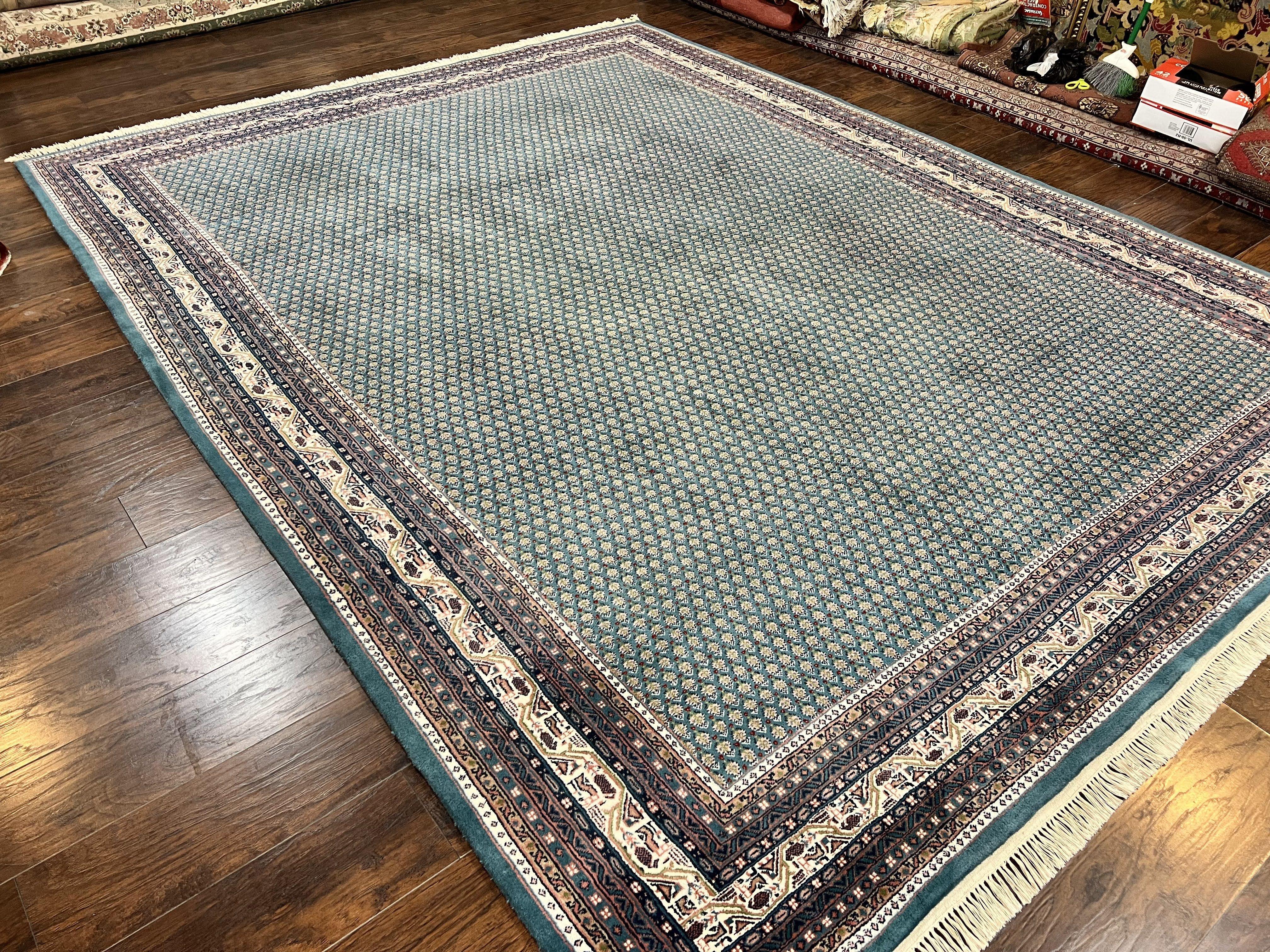 Indo Persian Sarouk Mir Rug 9x12, Green and Cream/Beige, Repeated Boteh Paisley Design, Soft Wool Handmade Hand Knotted Indian Oriental Rug - Jewel Rugs