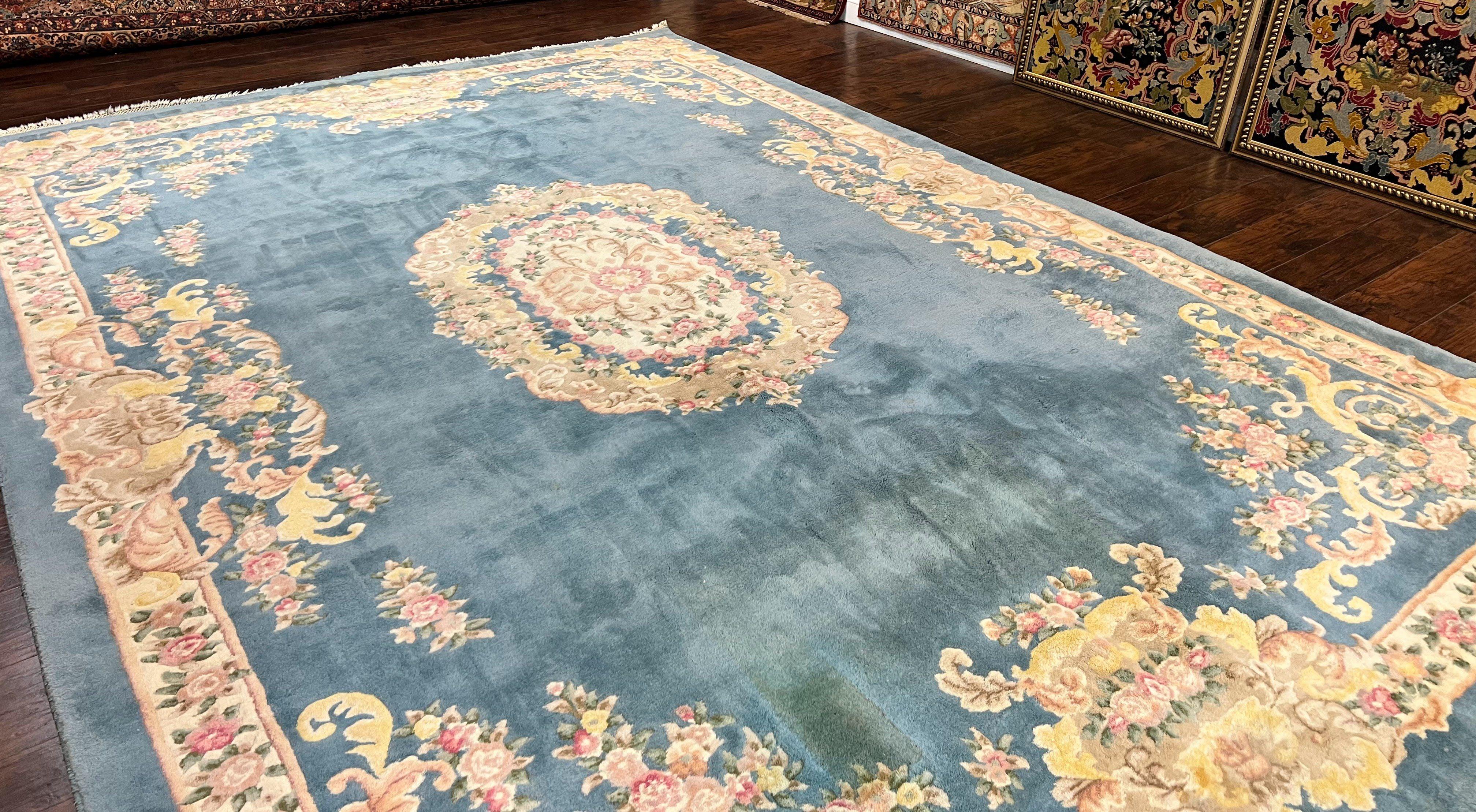 Indo Chinese Rug 9x14, Wool Hand Knotted Vintage Carpet, Light Blue Cream Beige, Aubusson European Design Rug 9 x 14 - Jewel Rugs