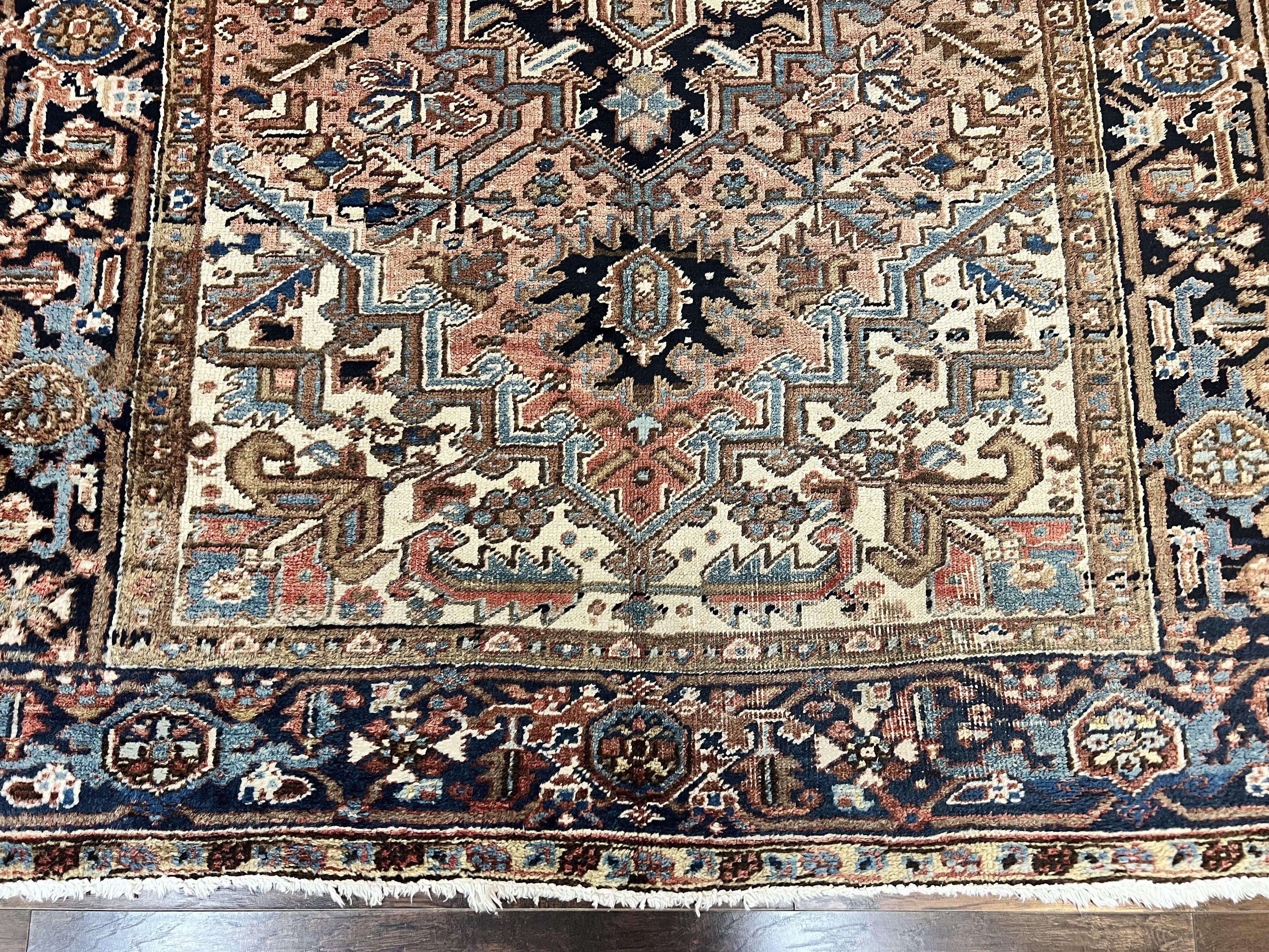 Antique Persian Heriz Rug 6x8, Geometric Medallion, 1920s Oriental Carpet, Handmade Wool Rug - Jewel Rugs