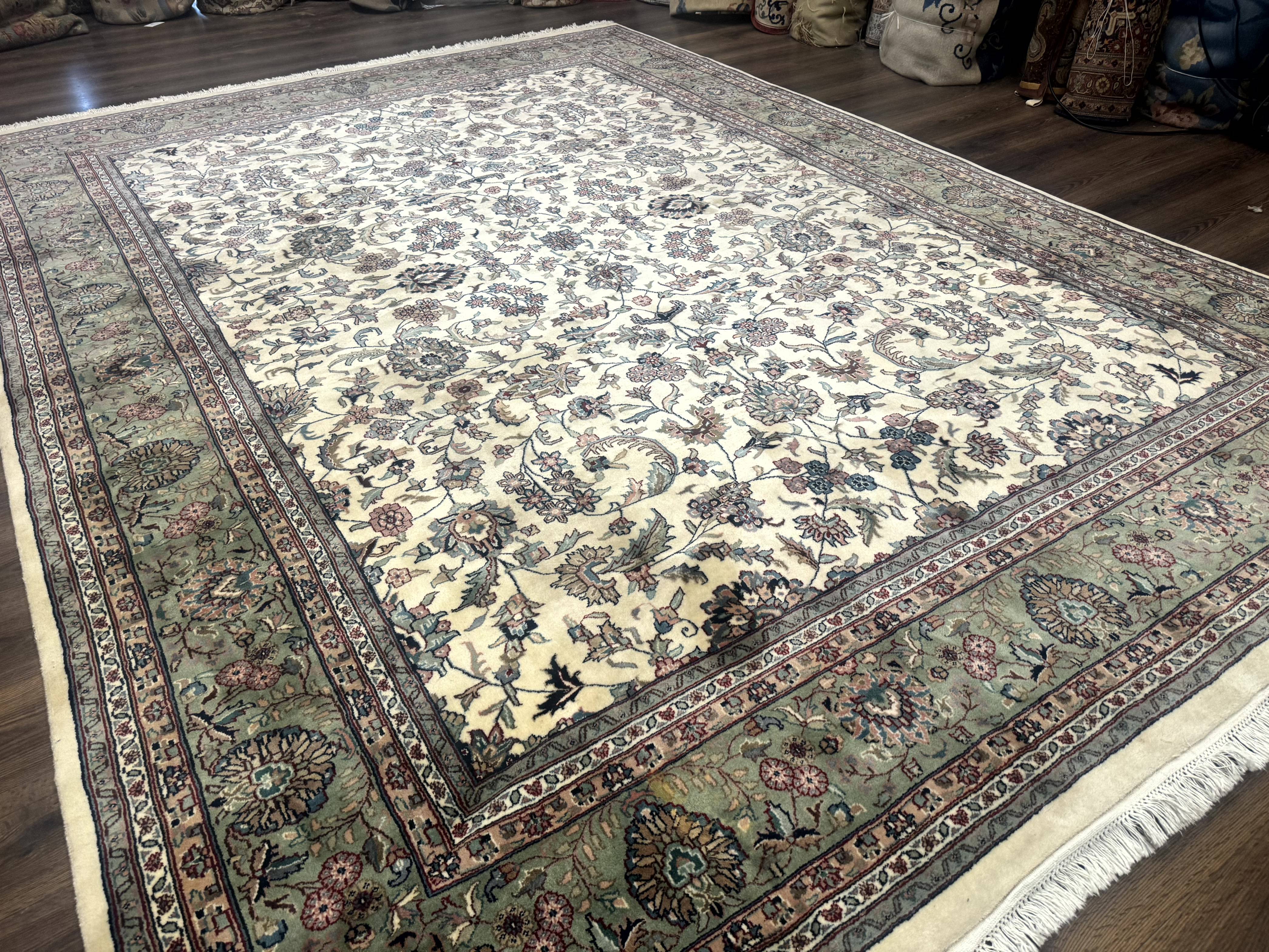 Indo Persian Rug 9x12, Allover Floral Pattern, Ivory & Green, Traditional Oriental Carpet - Jewel Rugs