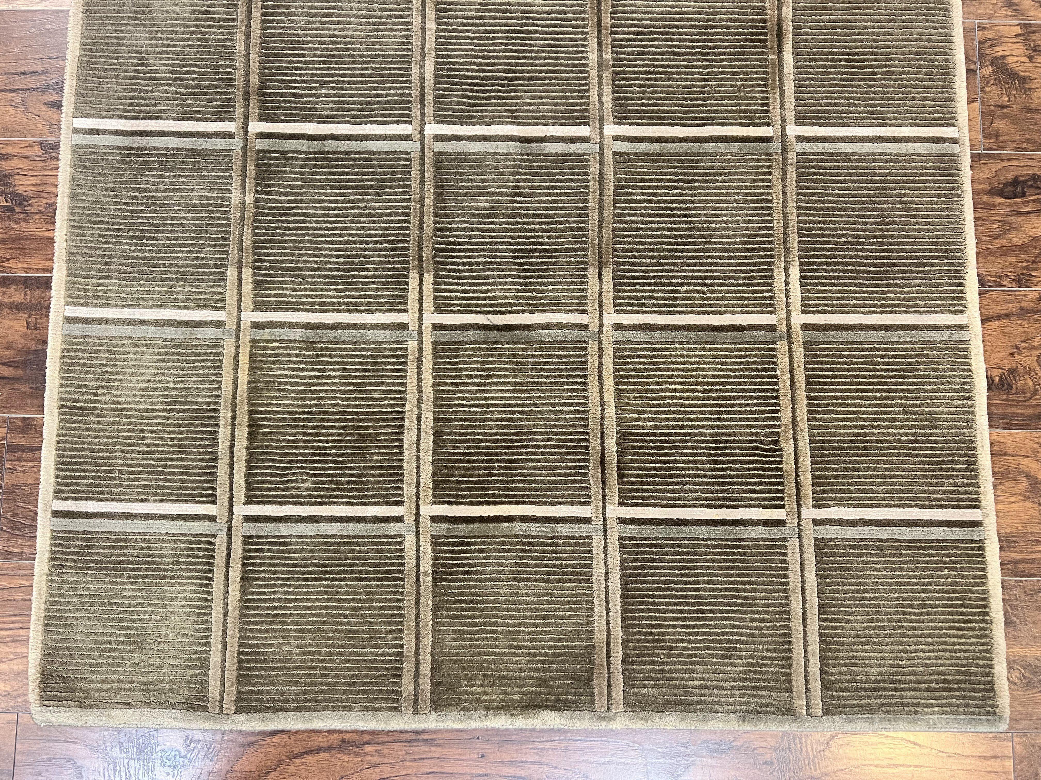 Tibetan Rug 4x6, Green Wool Handmade Area Rug 4 x 6, Panel Design, Modern Contemporary - Jewel Rugs