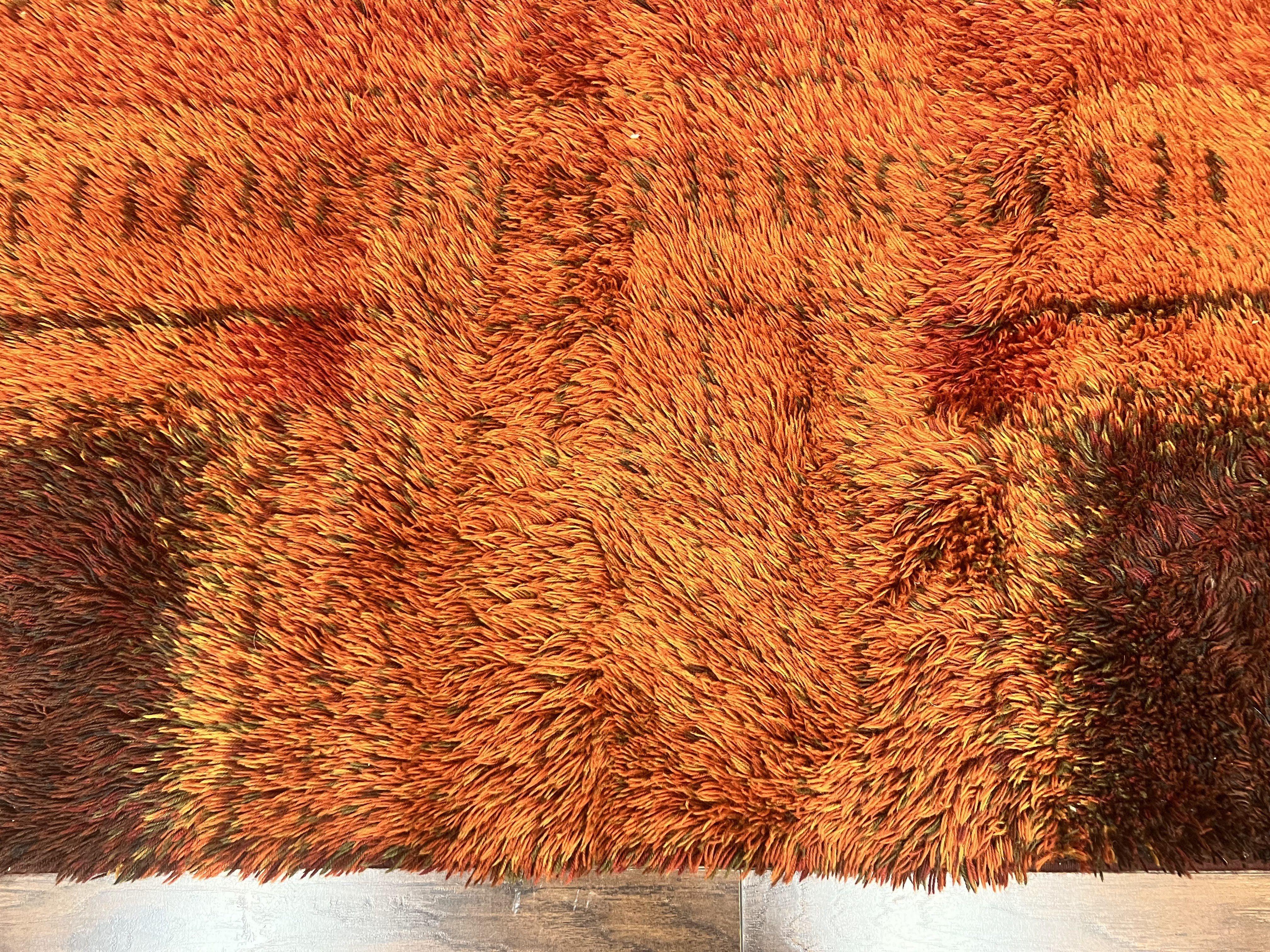 Rya Shag Rug 6x9, Finnish Rya Carpet, Mid Century Vintage Rug, Modern Abstract Design, Orange Brown, Wool Pile - Jewel Rugs