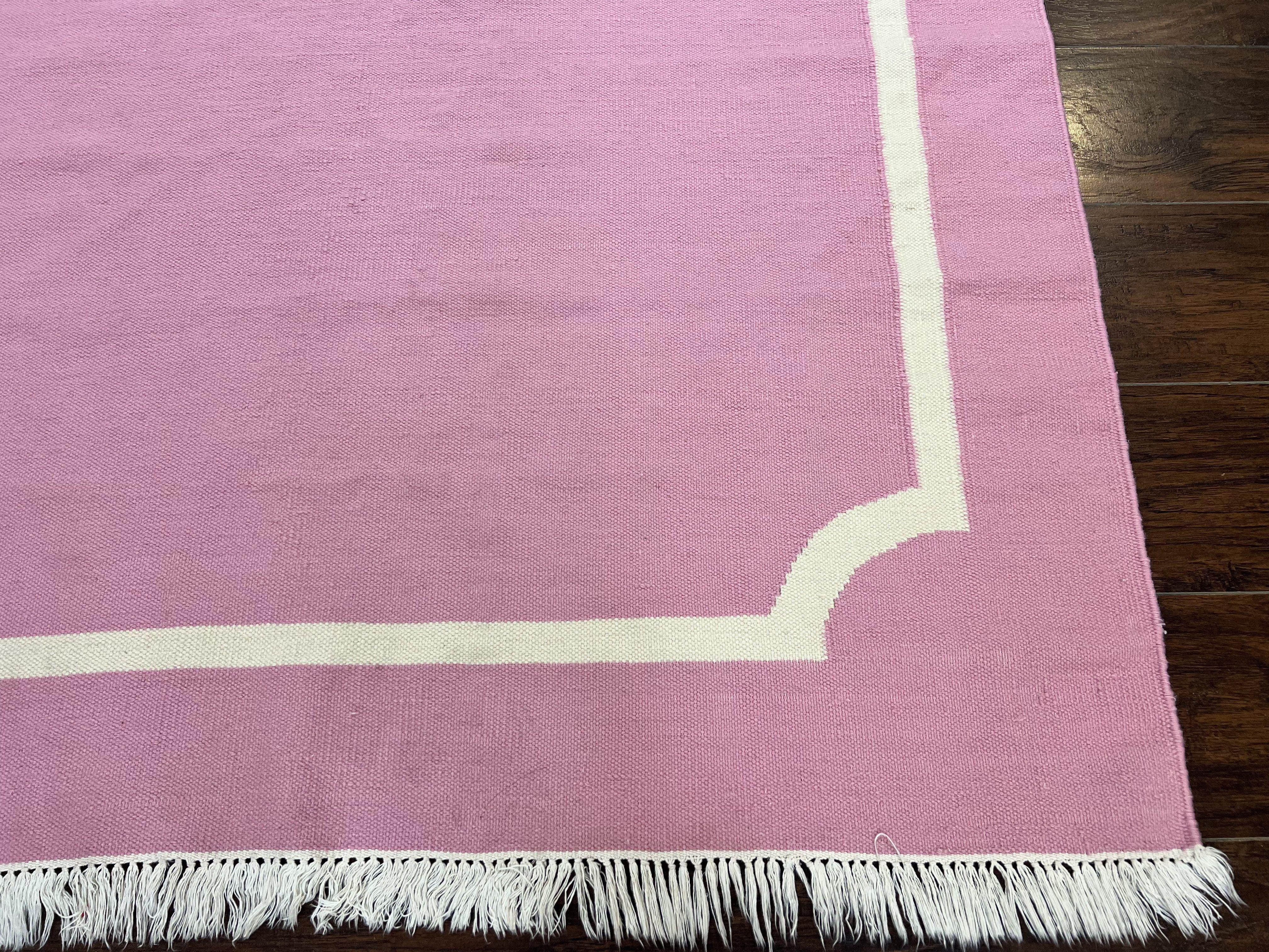 Indian Dhurrie Rug 5x8, Wool Handmade Contemporary Carpet, Pink Flatweave Kilim Area Rug, Medium Sized Rug 5 x 8 ft - Jewel Rugs