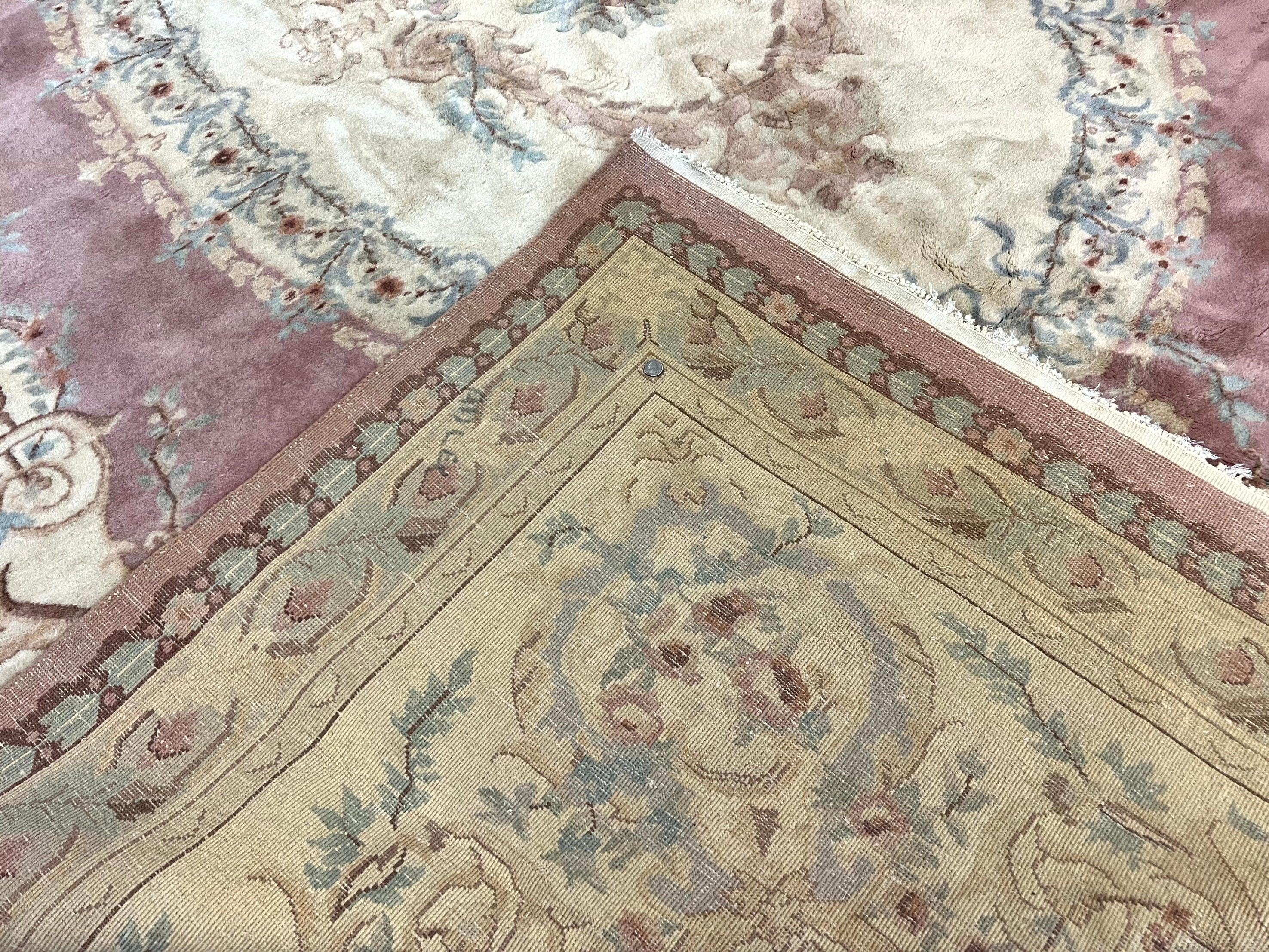 Indo Chinese Aubusson Wool Rug 10x14, Pink and Cream, Handmade Vintage Wool Carpet, Elegant European Design - Jewel Rugs