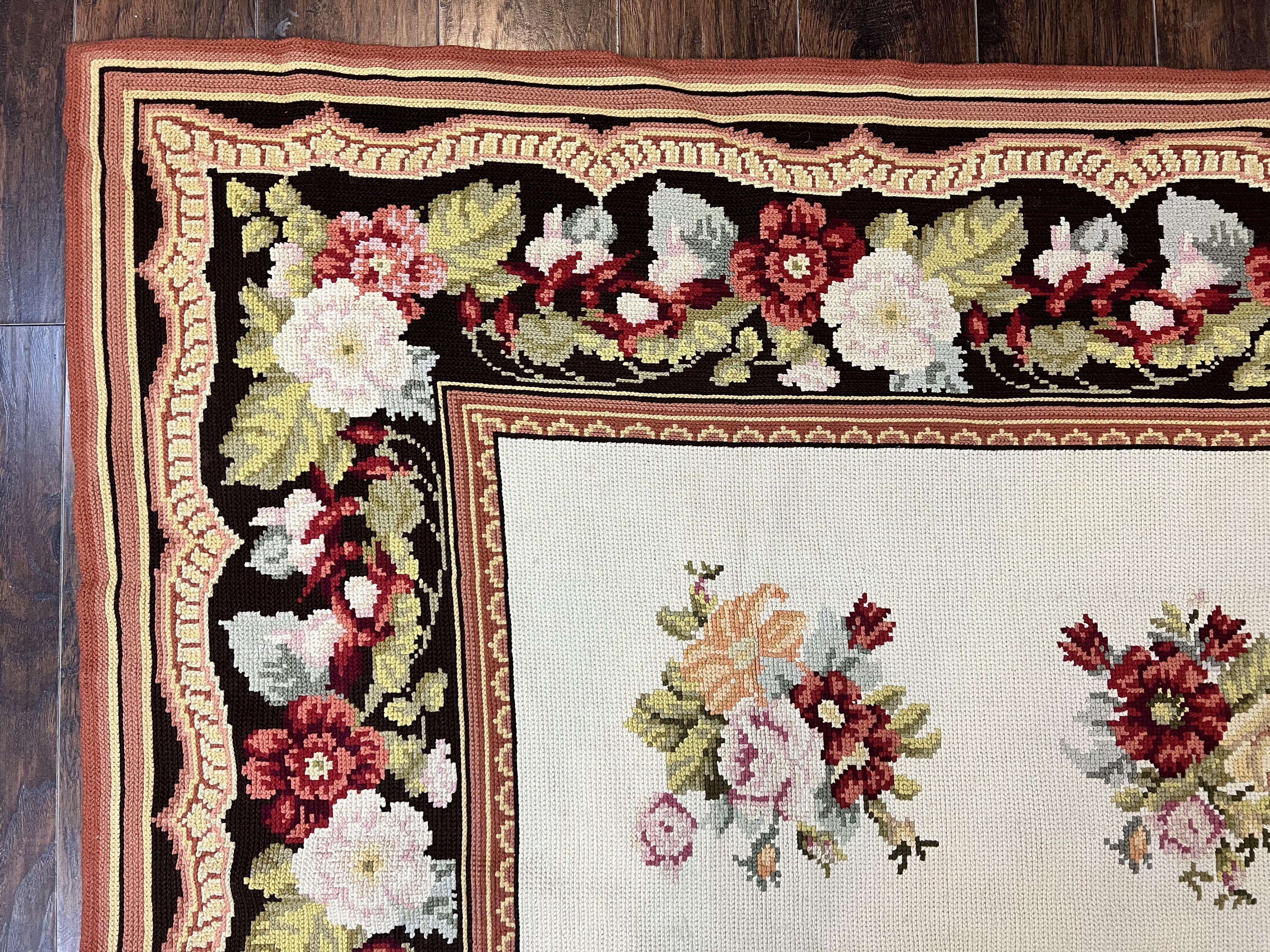 Portuguese Needlepoint Rug 8x9, Vintage Rug 8 x 9 ft, Ivory Dark Brown Hand-Woven Wool Portuguese Carpet, European Rug - Jewel Rugs