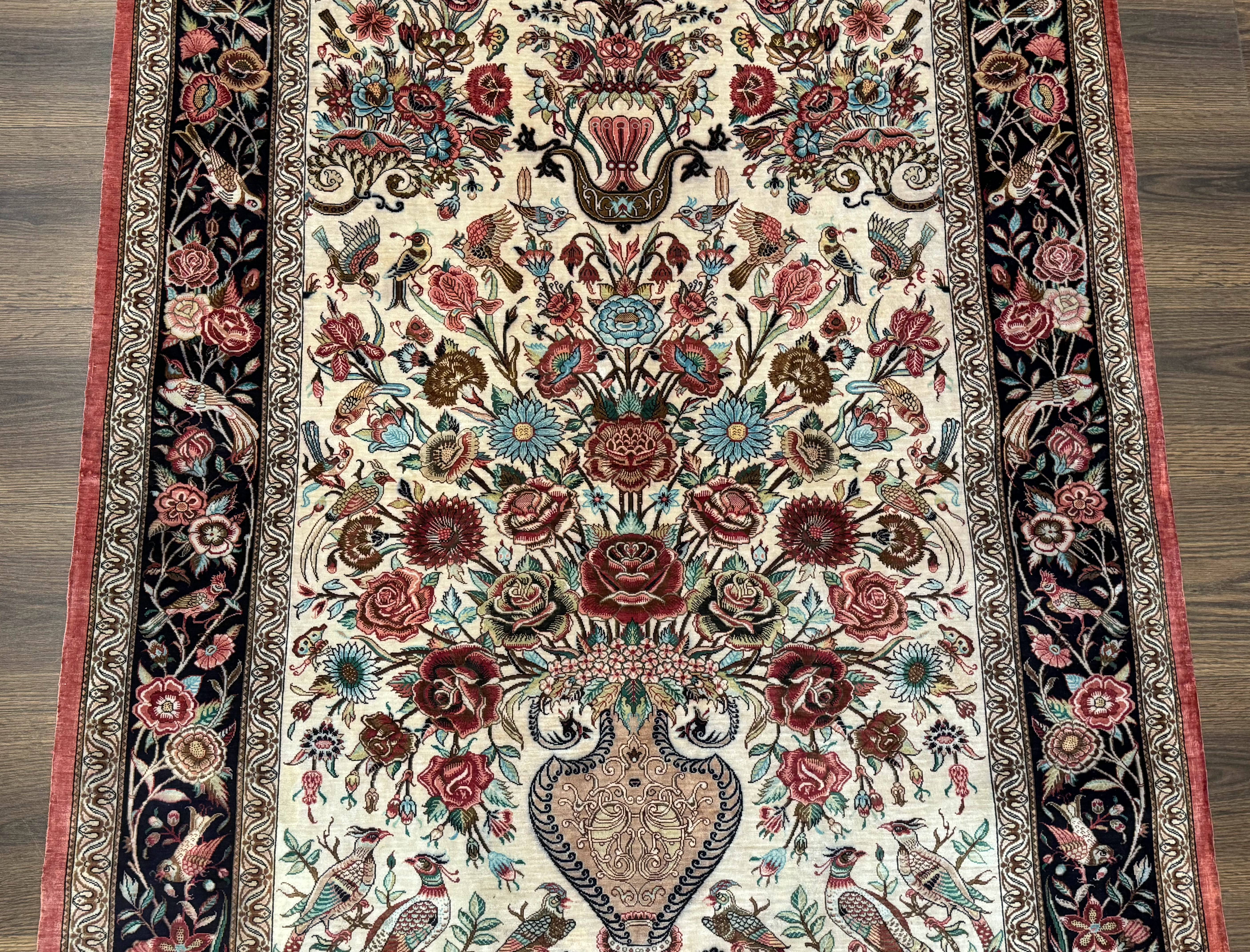 Marvelous Persian Qum Silk Rug 3x5, Exceptionally Fine 650 KPSI, Persian Vase & Birds, Signed Mir Mehdi, Rare - Jewel Rugs