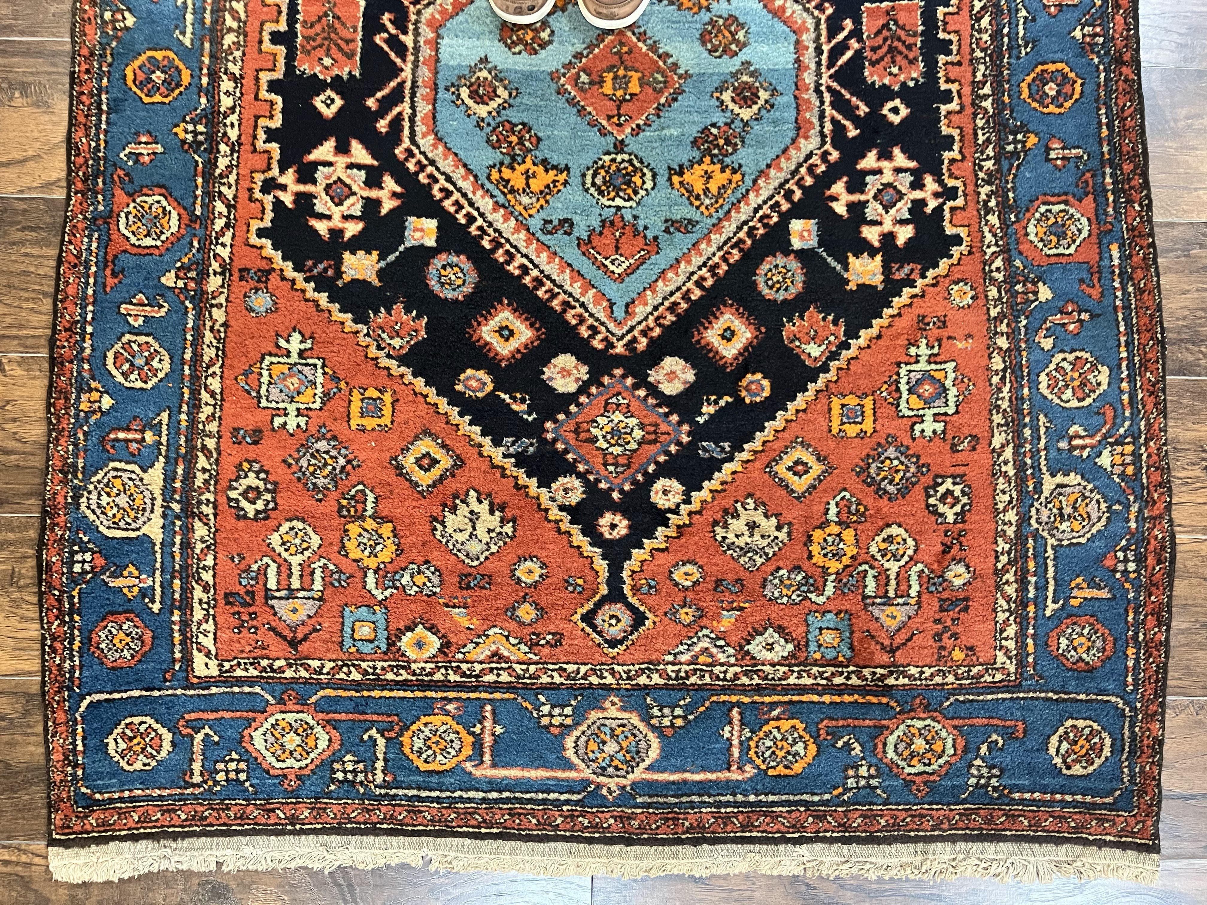 Antique Persian Hamadan Rug 4x6, Red Blue, Hand Knotted Carpet, Geometric, Tribal Rug, Wool Rug 4 x 6 - Jewel Rugs