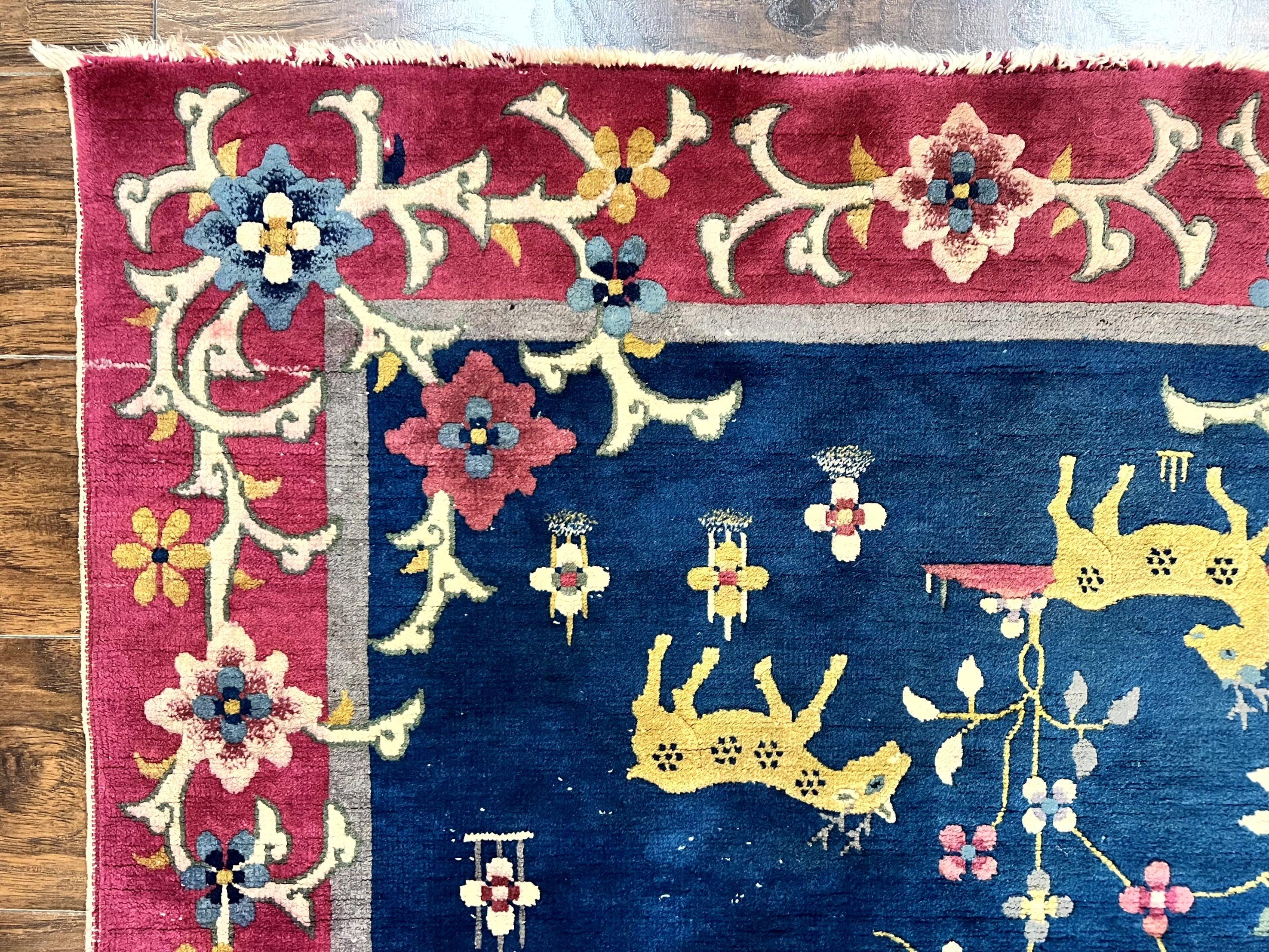 Antique Chinese Art Deco Rug, Animal Pictorials, Navy Blue and Magenta, Chinese Nichols Carpet, Wool - Jewel Rugs