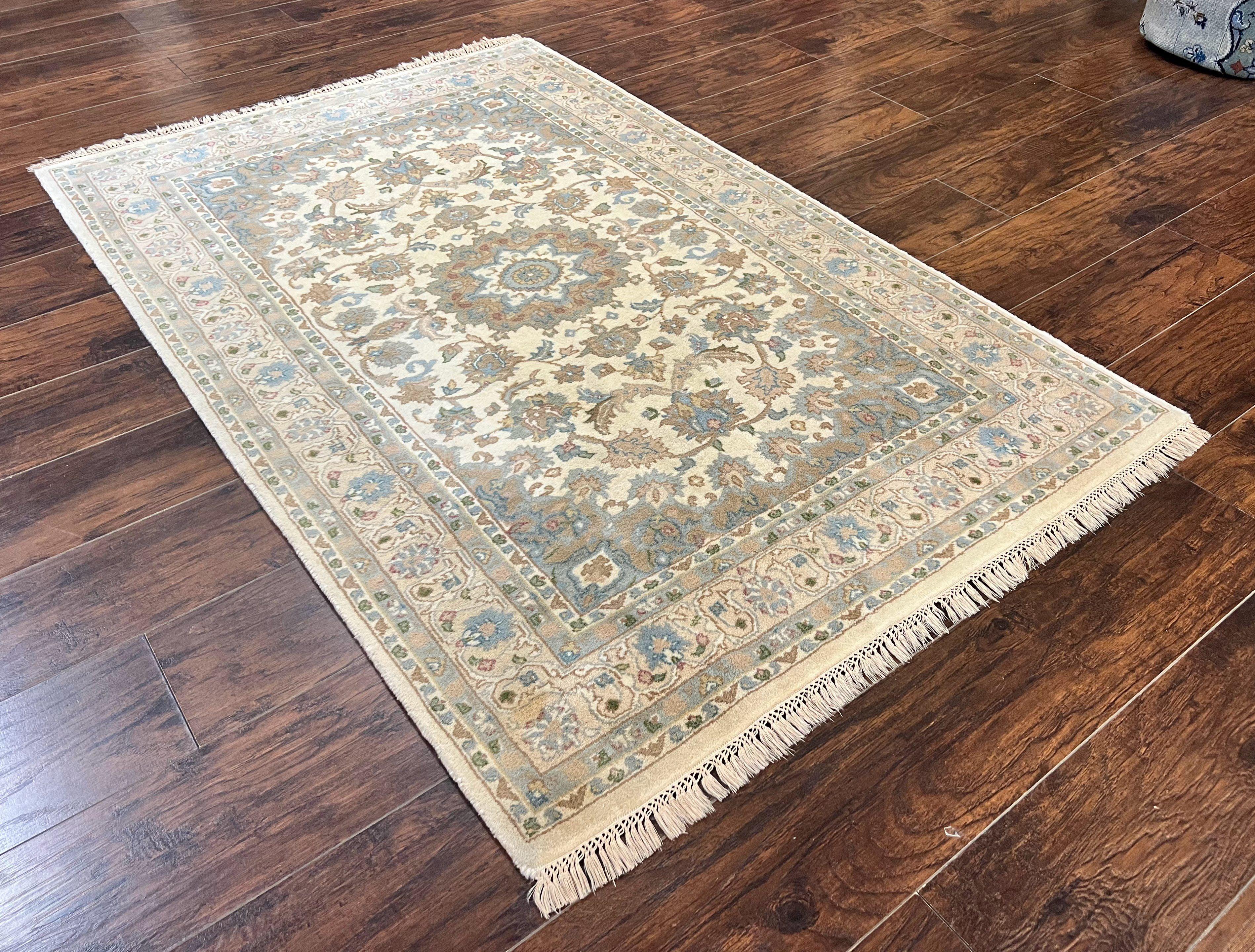 Indo Persian Rug 4x6, Floral Medallion, Beige, Handmade Wool Vintage Carpet 4 x 6 ft - Jewel Rugs