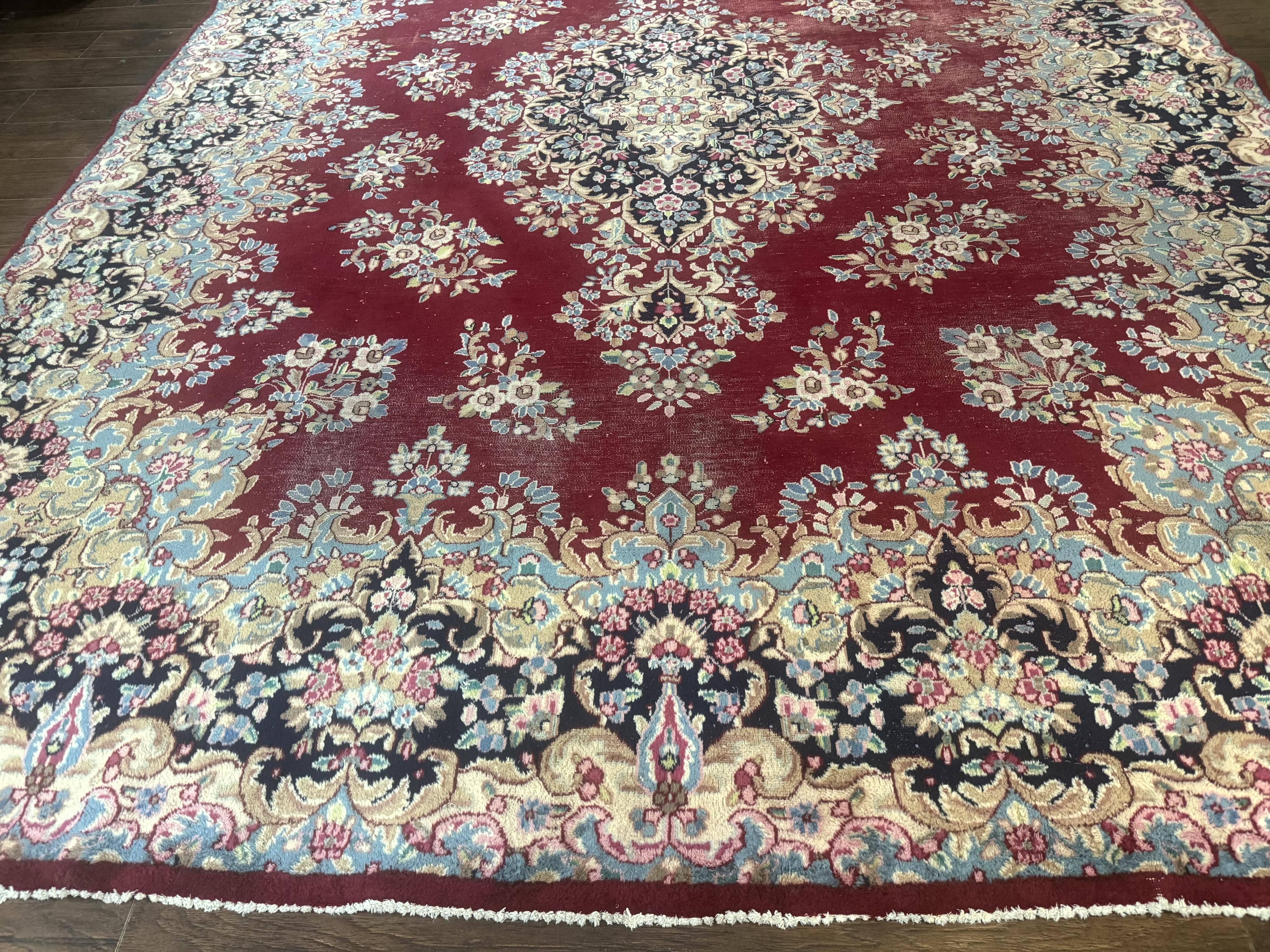 Persian Kerman Rug 10x12, Raspberry Red and Navy Blue, Traditional Persian Carpet - Jewel Rugs