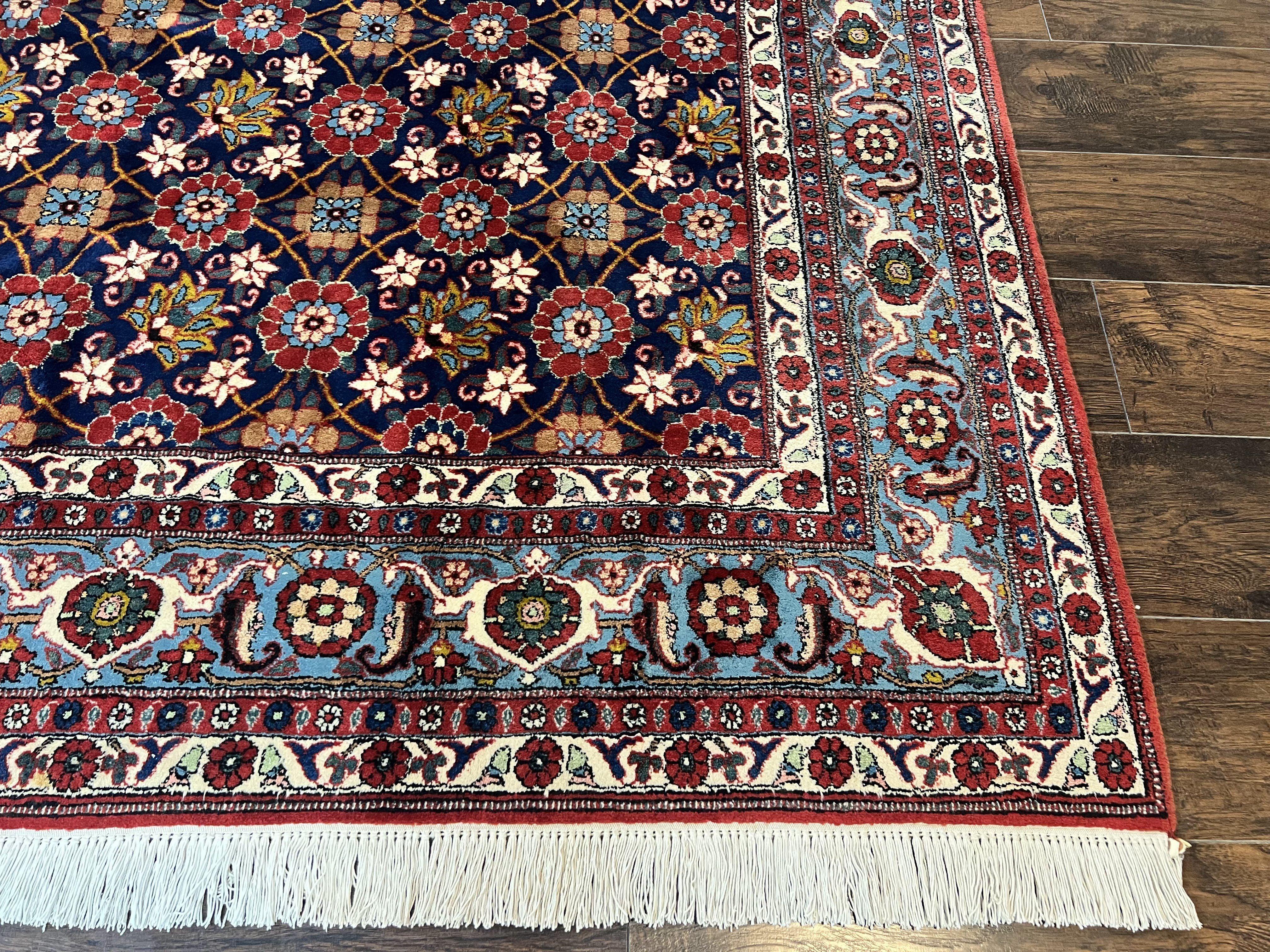 Persian Veramin Rug 7x11, Repeated Allover Pattern, Handmade Vintage Carpet, Navy Blue - Jewel Rugs