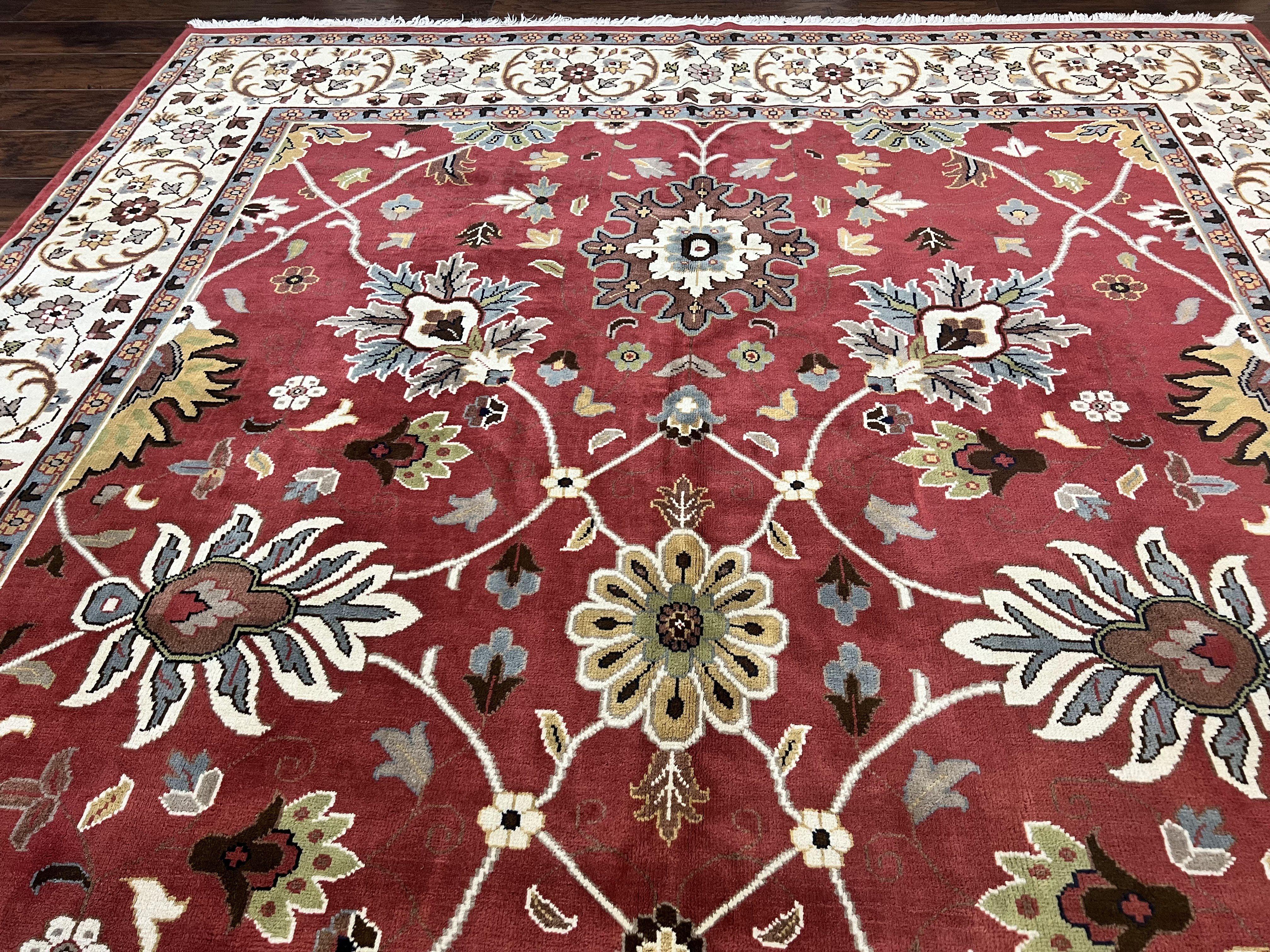 Indo Persian Rug 9x12, Wool Hand Knotted Vintage Carpet, Red & Ivory, Floral Allover, 9 x 12 Room Sized Rug - Jewel Rugs