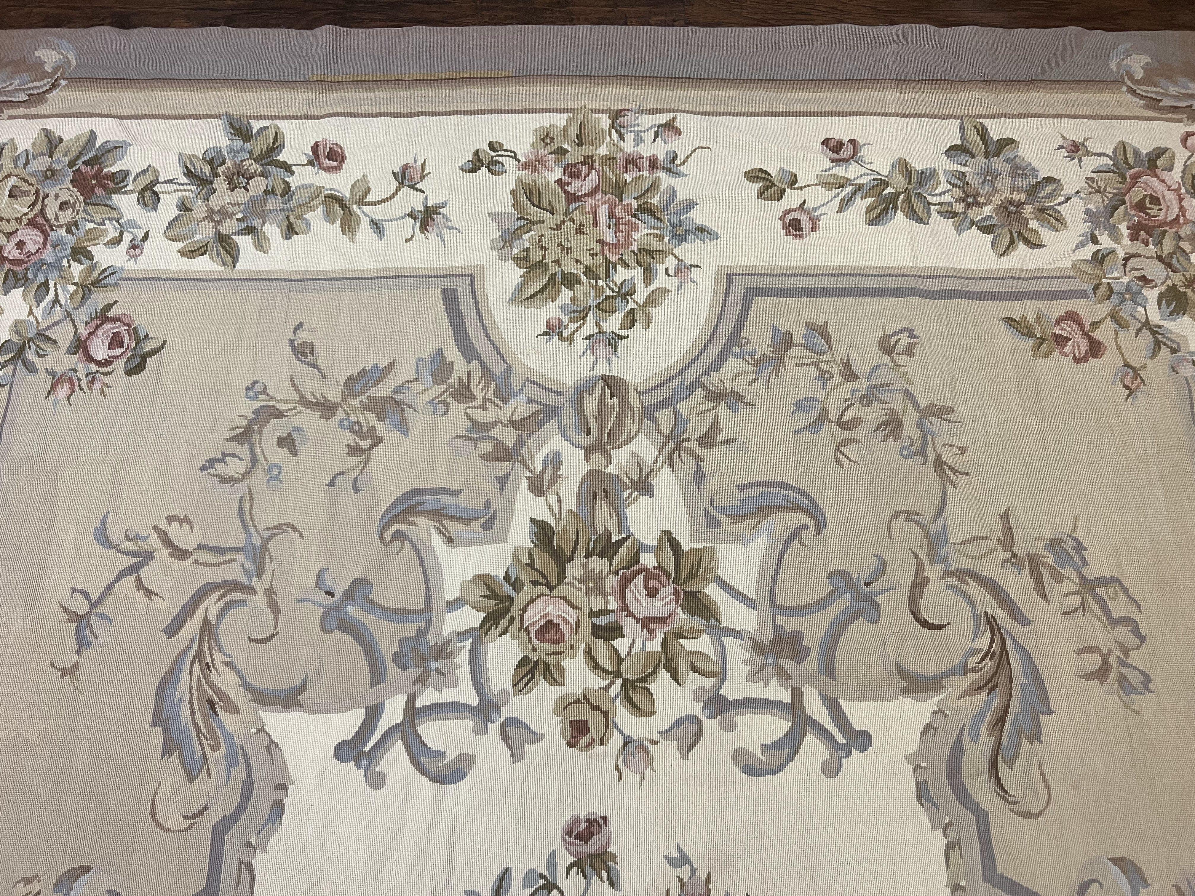Aubusson Needlepoint Rug 9x12, VIntage Handmade Wool Beige Floral European Elegant Rug 9 x 12, Floral Roses - Jewel Rugs
