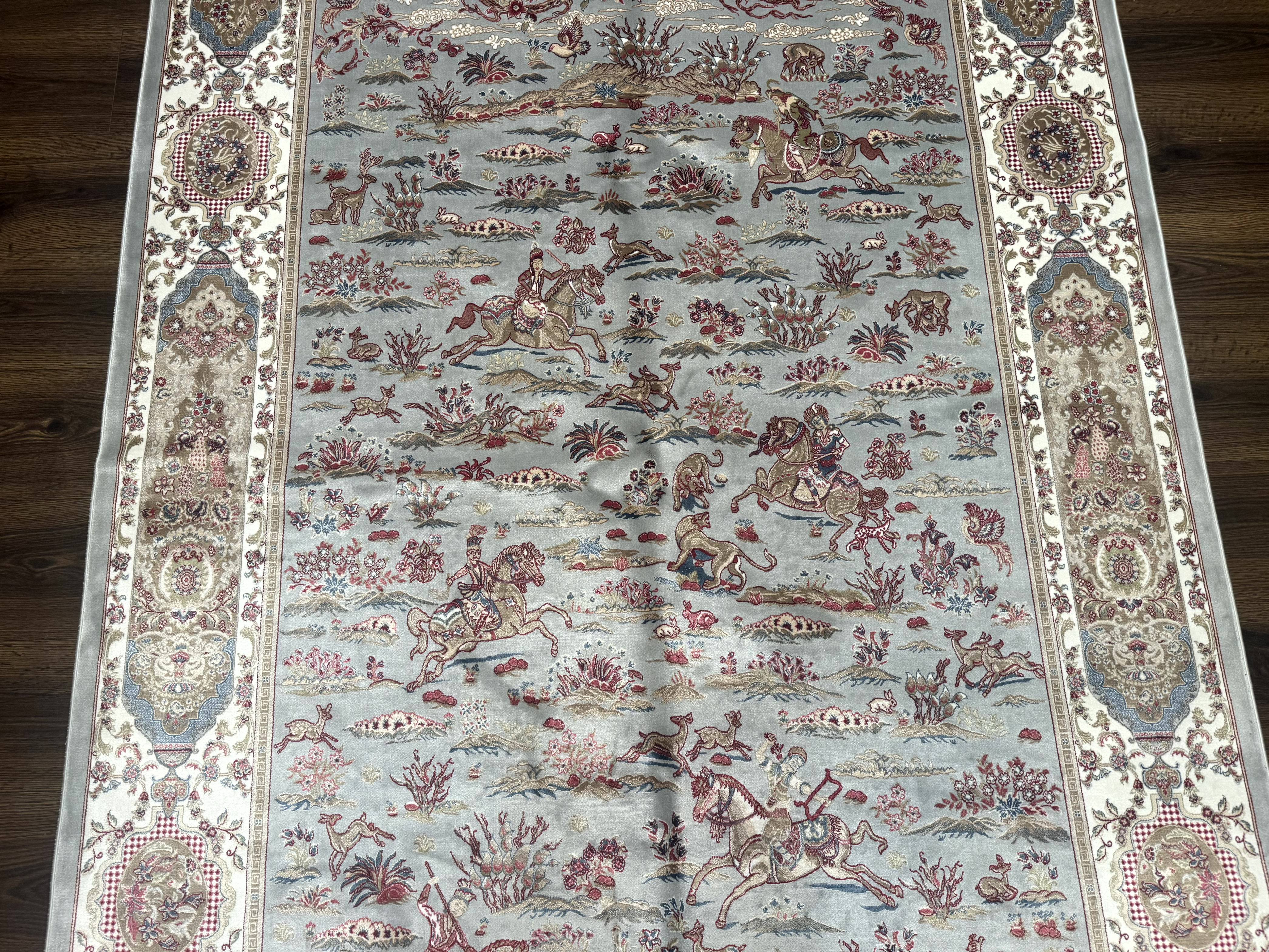 Turkish Silk Rug 5x7, Hunting Design, Animal Pictorials, Bamboo Silk - Jewel Rugs