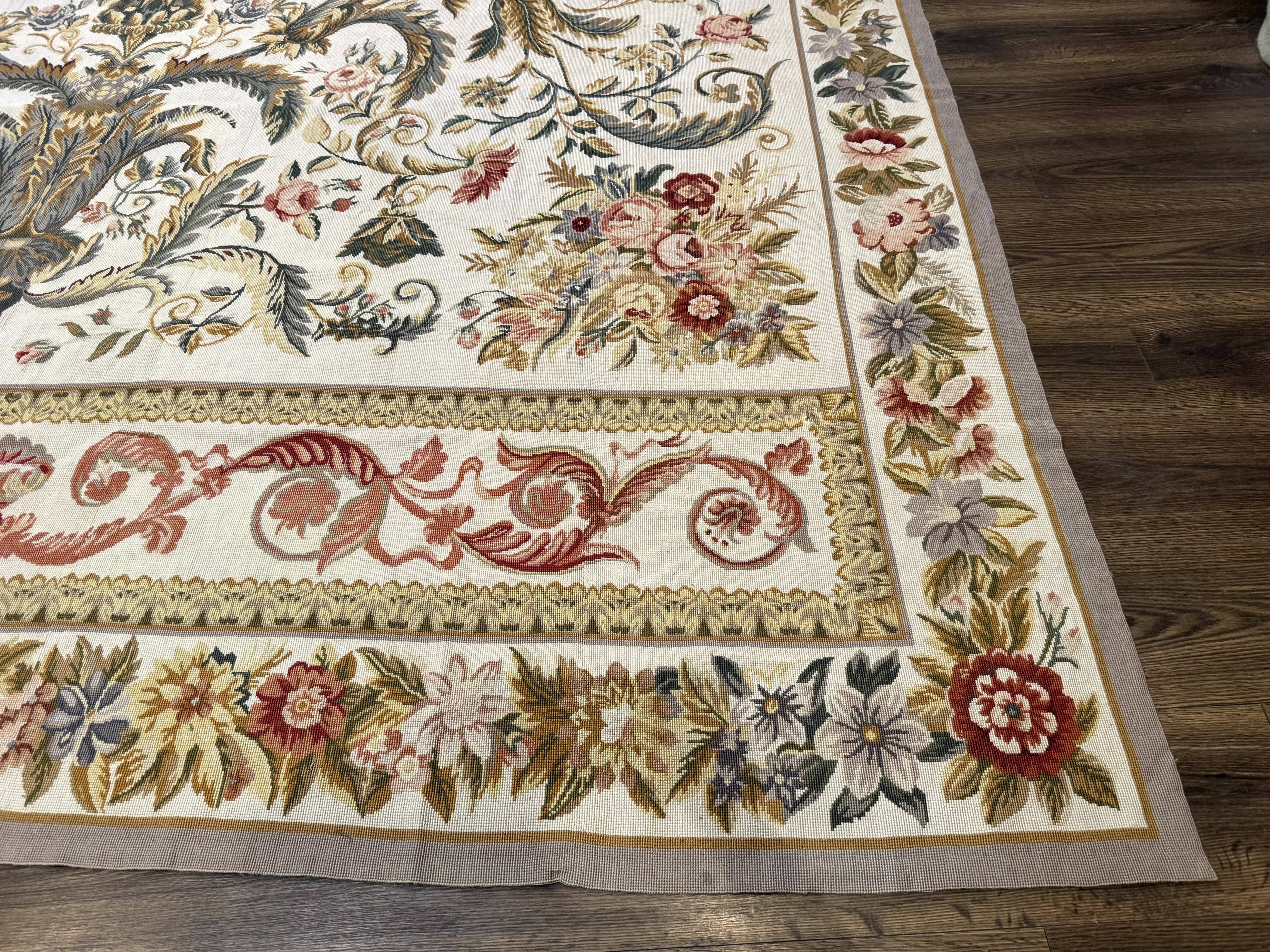 Aubusson Needlepoint Rug 10x14, Elegant European French Carpet, Vintage Carpet - Jewel Rugs