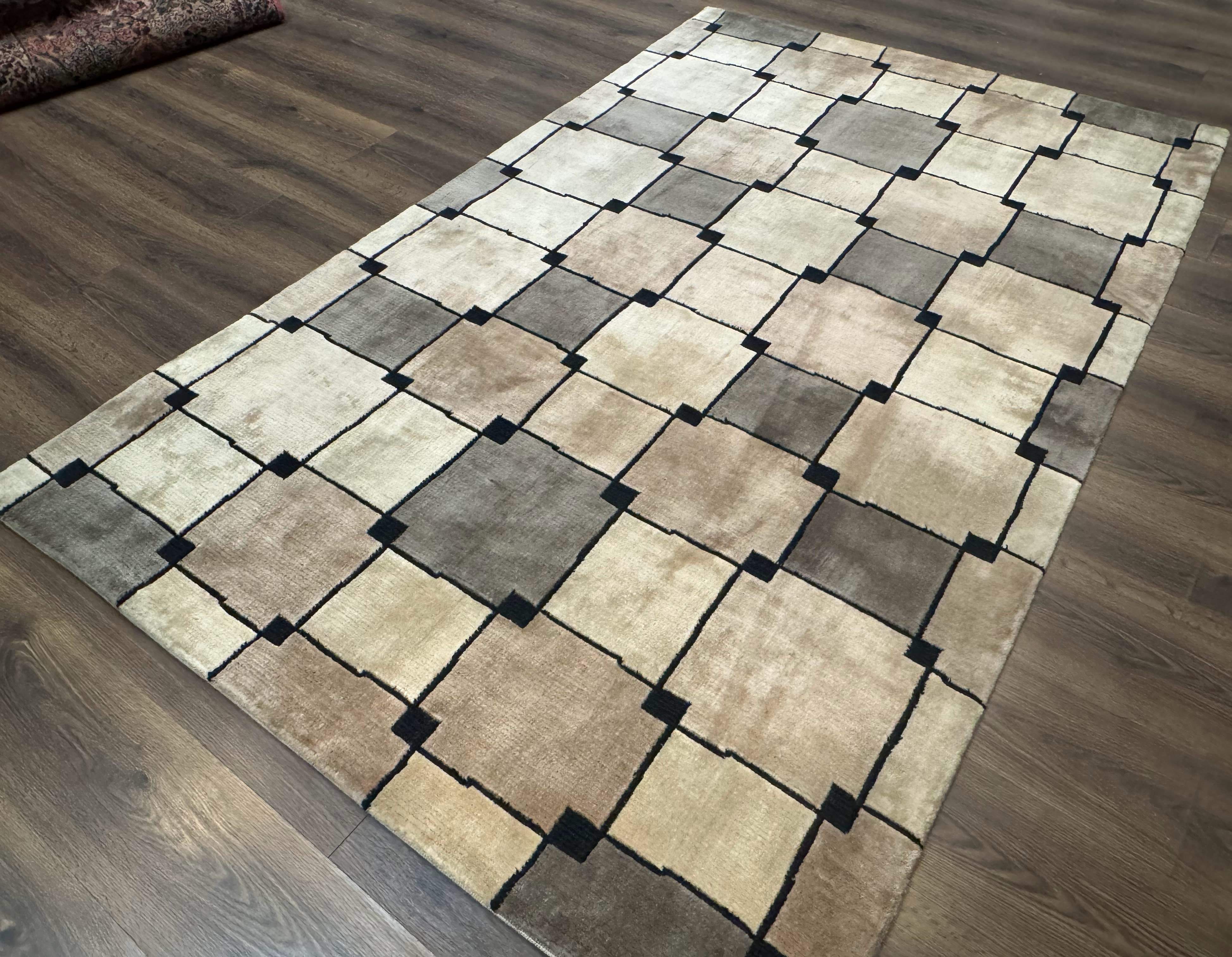 Tibetan Wool Rug 5x8, Contemporary Modern Carpet, Abstract Design, Soft Thick Pile, Pair B - Jewel Rugs