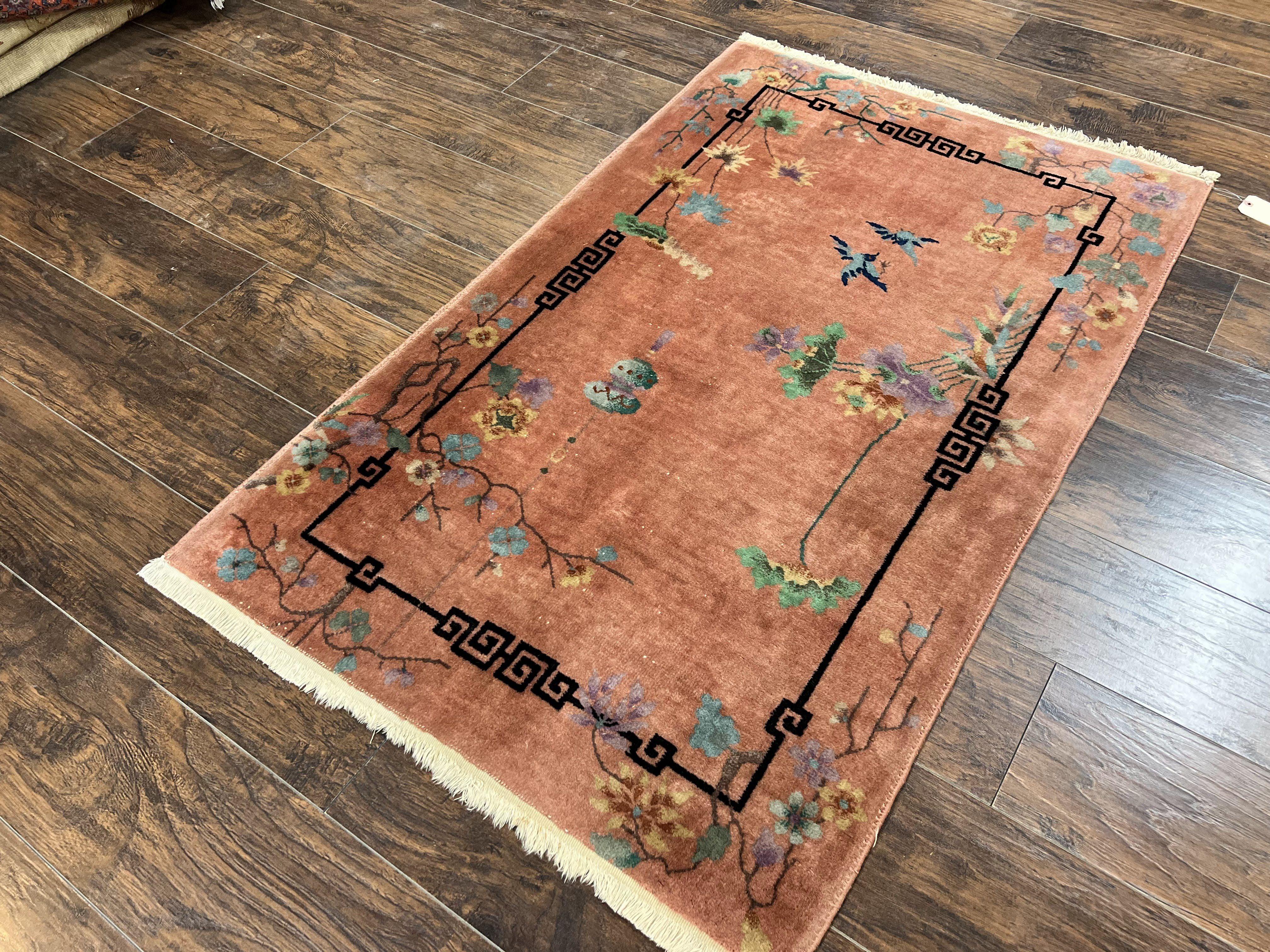 Chinese Art Deco Rug 3x5, Wool Hand Knotted Semi Antique Vintage Carpet, Salmon Red, Birds Flowers, Asian Oriental Rug 3 x 5 - Jewel Rugs