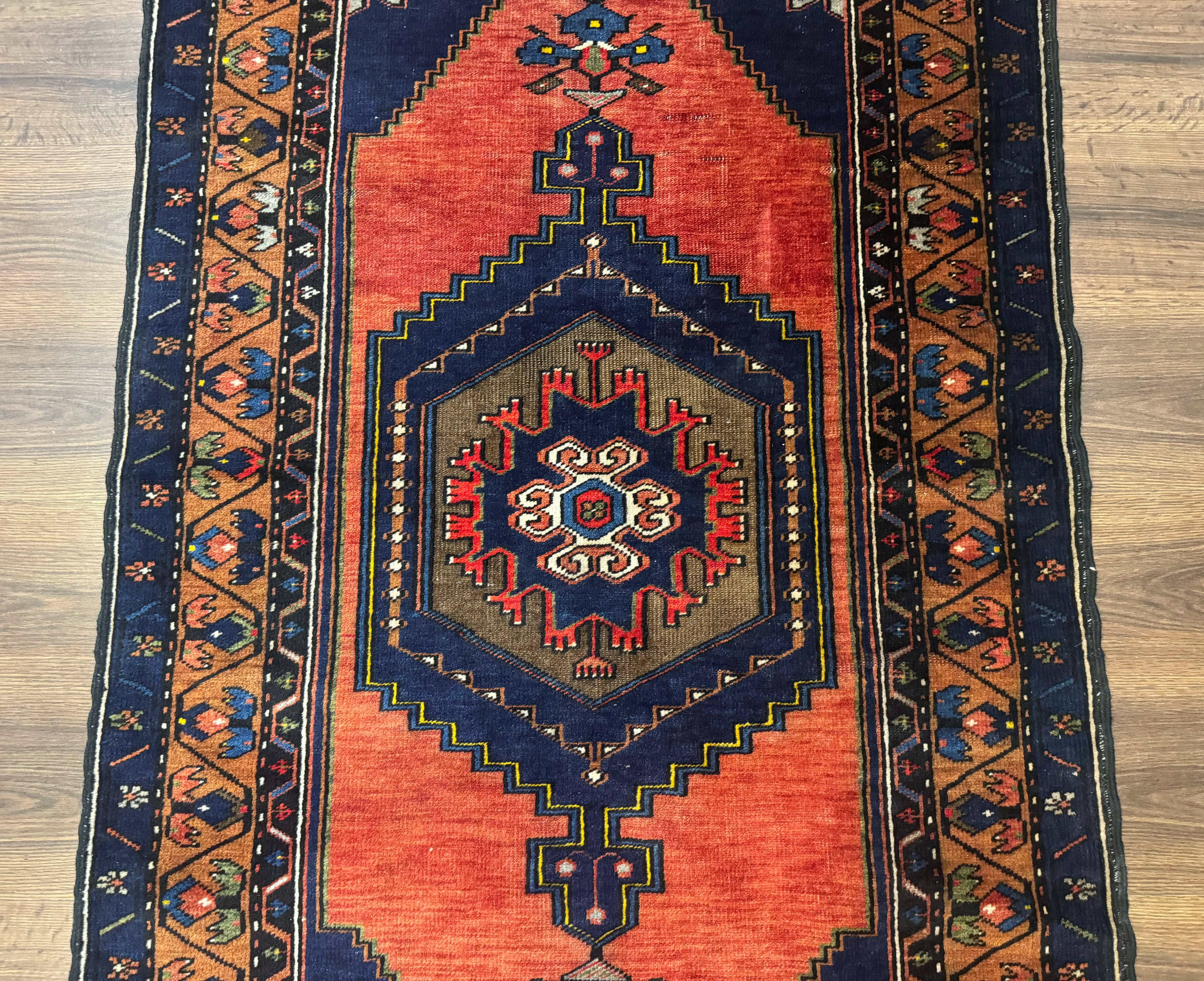 Persian Rug 3x6, Geometric Medallion, Village Tribal Rug, Terracotta and Navy Blue, Antique Nahavand Hamadan Rug - Jewel Rugs