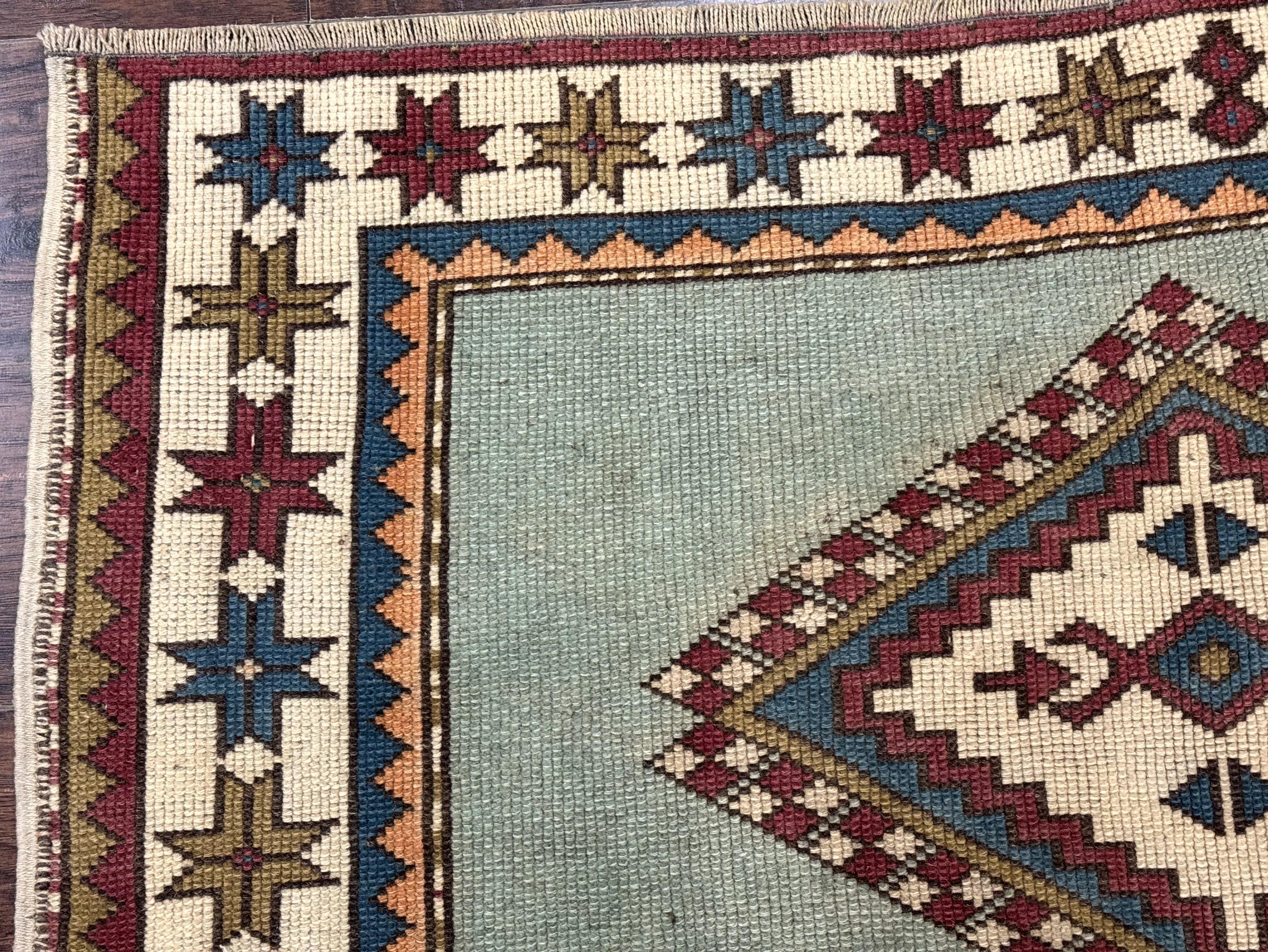 Turkish Kazak Rug 4x6, Geometric Medallion, Caucasian Design Rug, Semi Antique Vintage, Mint Green Maroon Ivory - Jewel Rugs