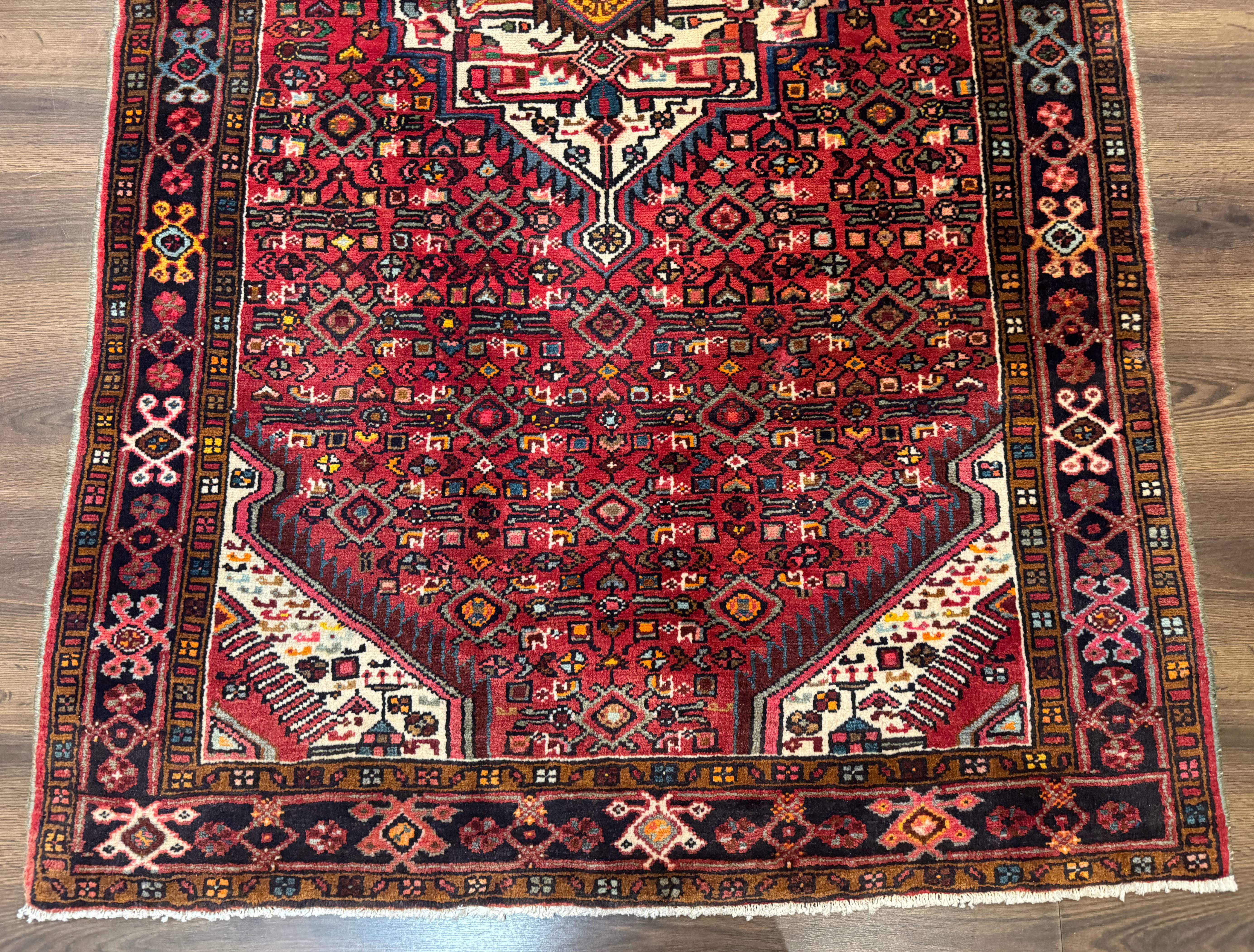 Persian Hamadan Rug 4x7, Tribal Village Malayer Carpet, Red and Ivory, Bohemian Antique - Jewel Rugs