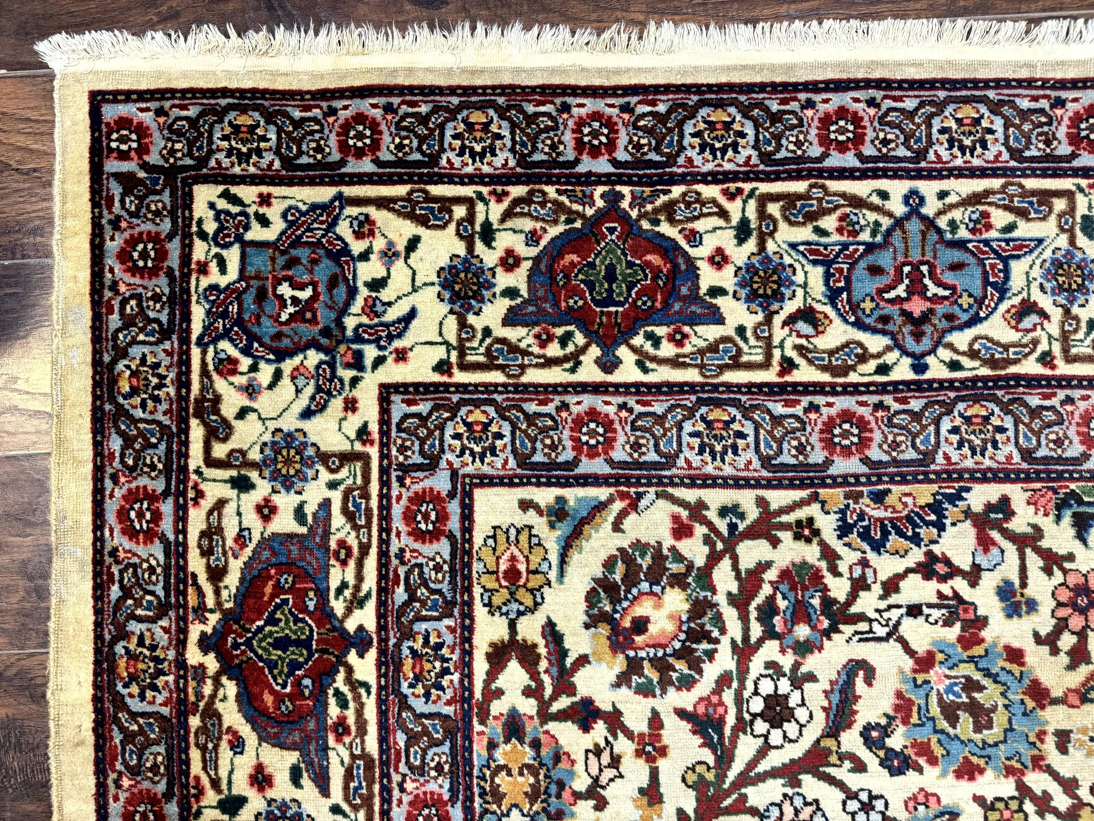 Antique Persian Tabriz Rug 8x10, Cream and Light Blue, Floral Allover, Signed, Handmade Wool Rug - Jewel Rugs