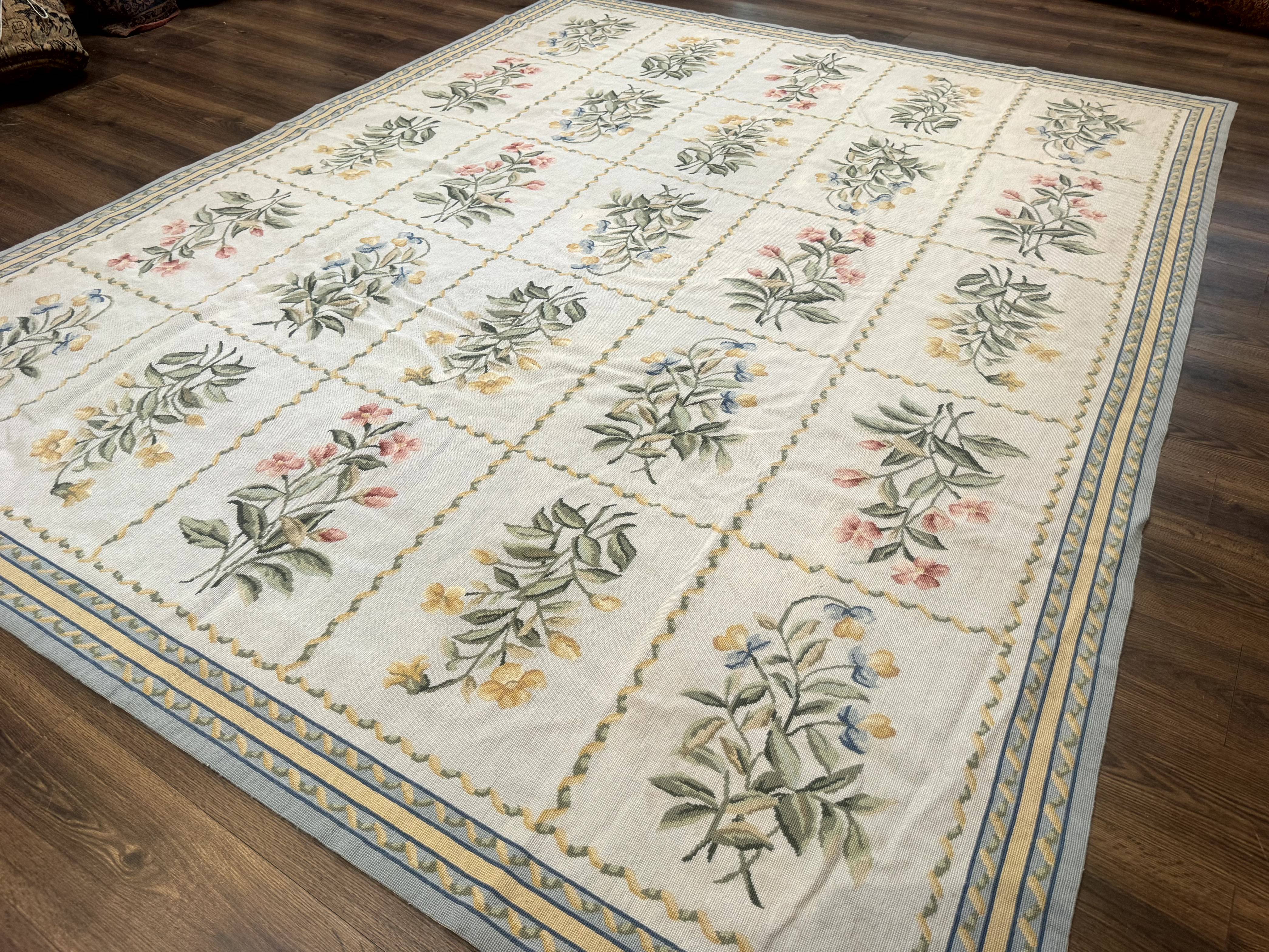 Needlepoint Rug 8x10, Vintage, Aubusson Panel Design, Floral, Wool - Jewel Rugs