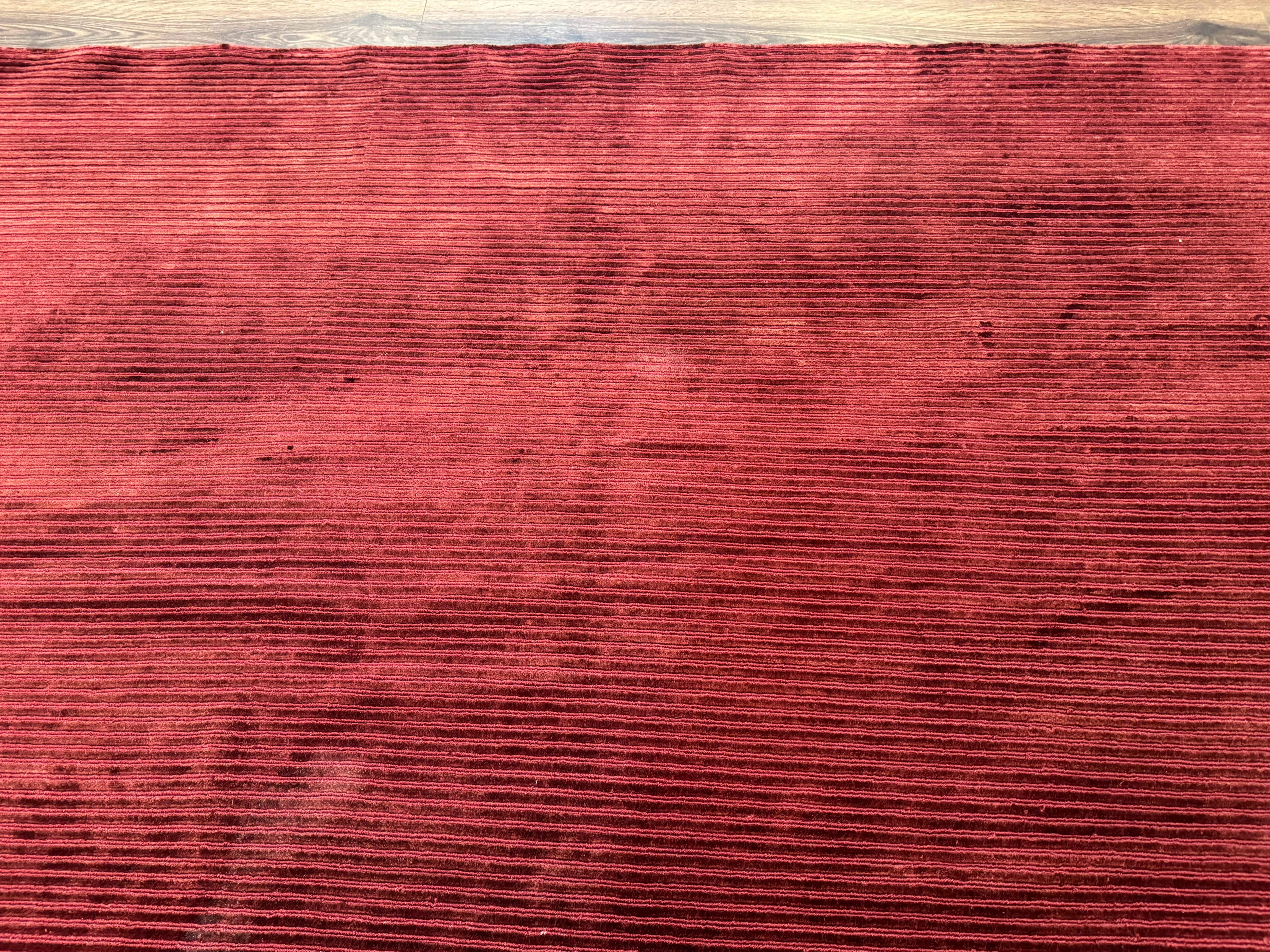 Modern Tibetan Rug 8x10, Red, Stripes, Handmade Wool Thick Pile Carpet - Jewel Rugs