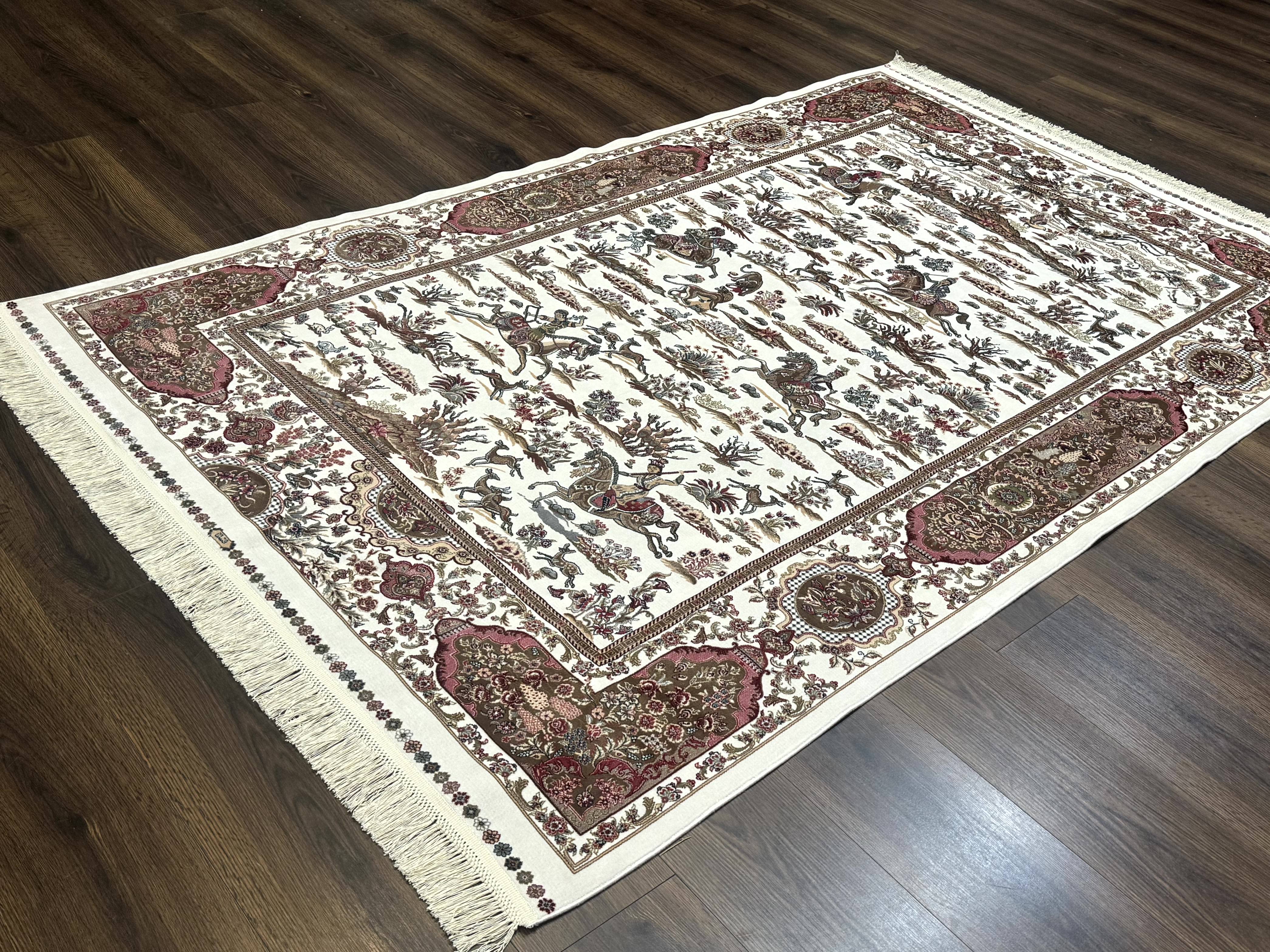 Turkish Silk Rug 5x8, Ivory, Hunting Design, Animal Pictorials, Bamboo Silk - Jewel Rugs