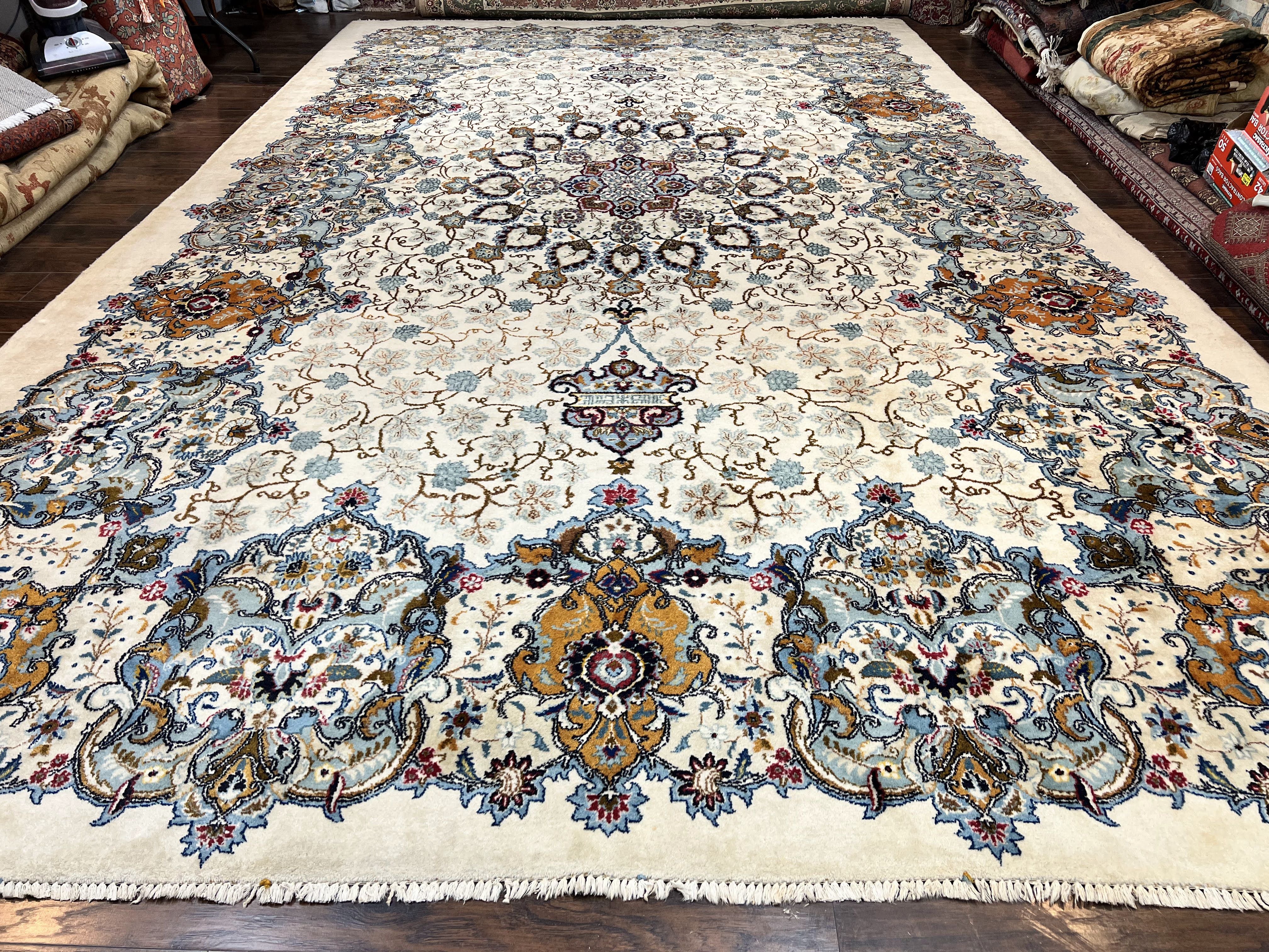 Palace Size Persian Kashan Rug 11x19 ft, Handmade Hand Knotted Oversized Extra Large Wool Semi Antique Oriental Carpet, Ivory and Light Blue Floral - Jewel Rugs