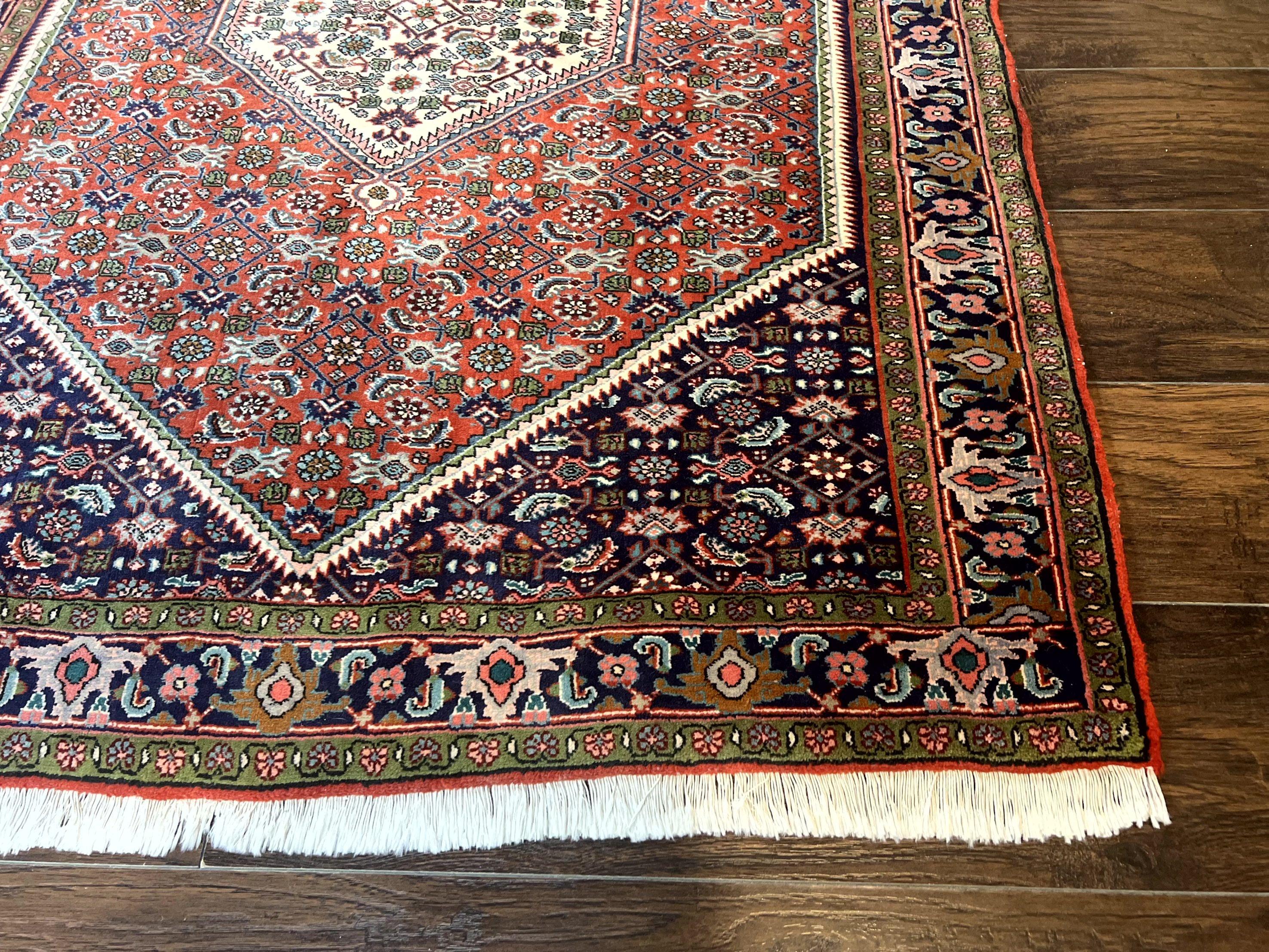 Persian Bidjar Rug 4x5, Finely Hand Knotted Vintage Carpet, Red and Navy Blue, Handmade Wool Rug, 180 KPSI - Jewel Rugs