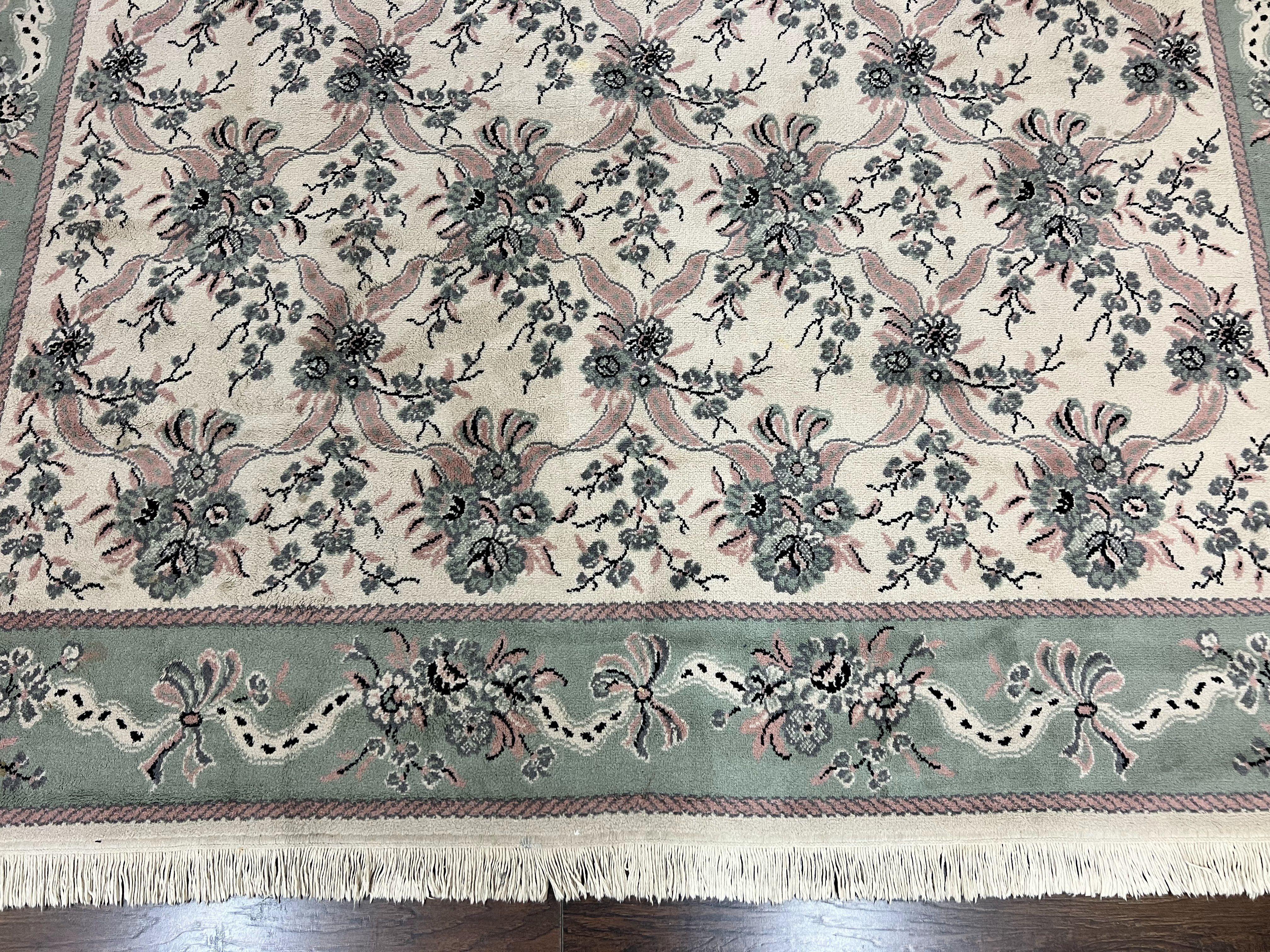 Belgium Power Loomed Rug 8x11, Ivory and Green, Wool Carpet, Floral - Jewel Rugs