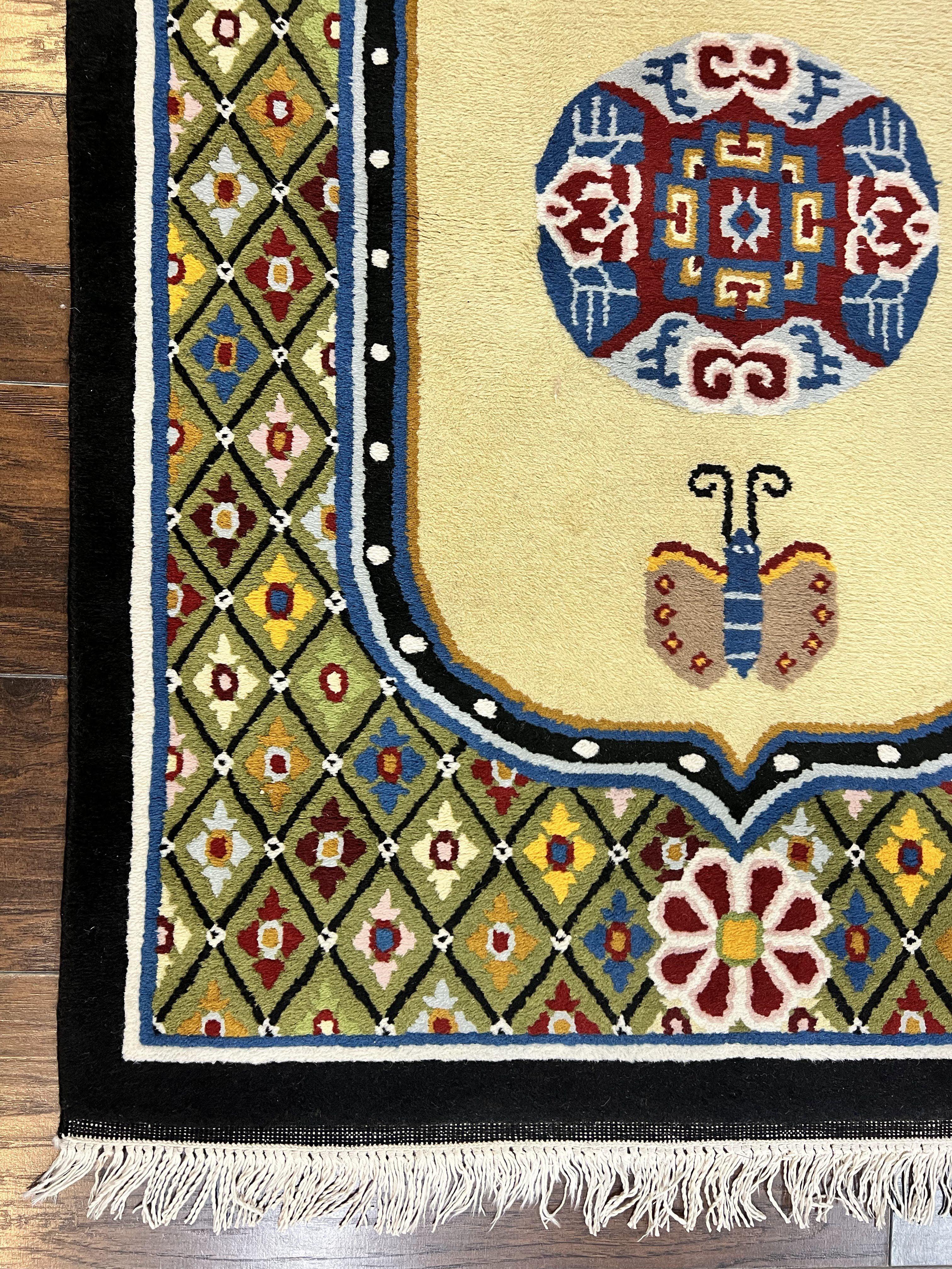 Chinese Rug 3x6 ft, Chinese Wool Rug, Tiensin Rug, Handmade Wool 3 x 6 Vintage Peking Rug, Art Deco Rug, Butterflies - Jewel Rugs