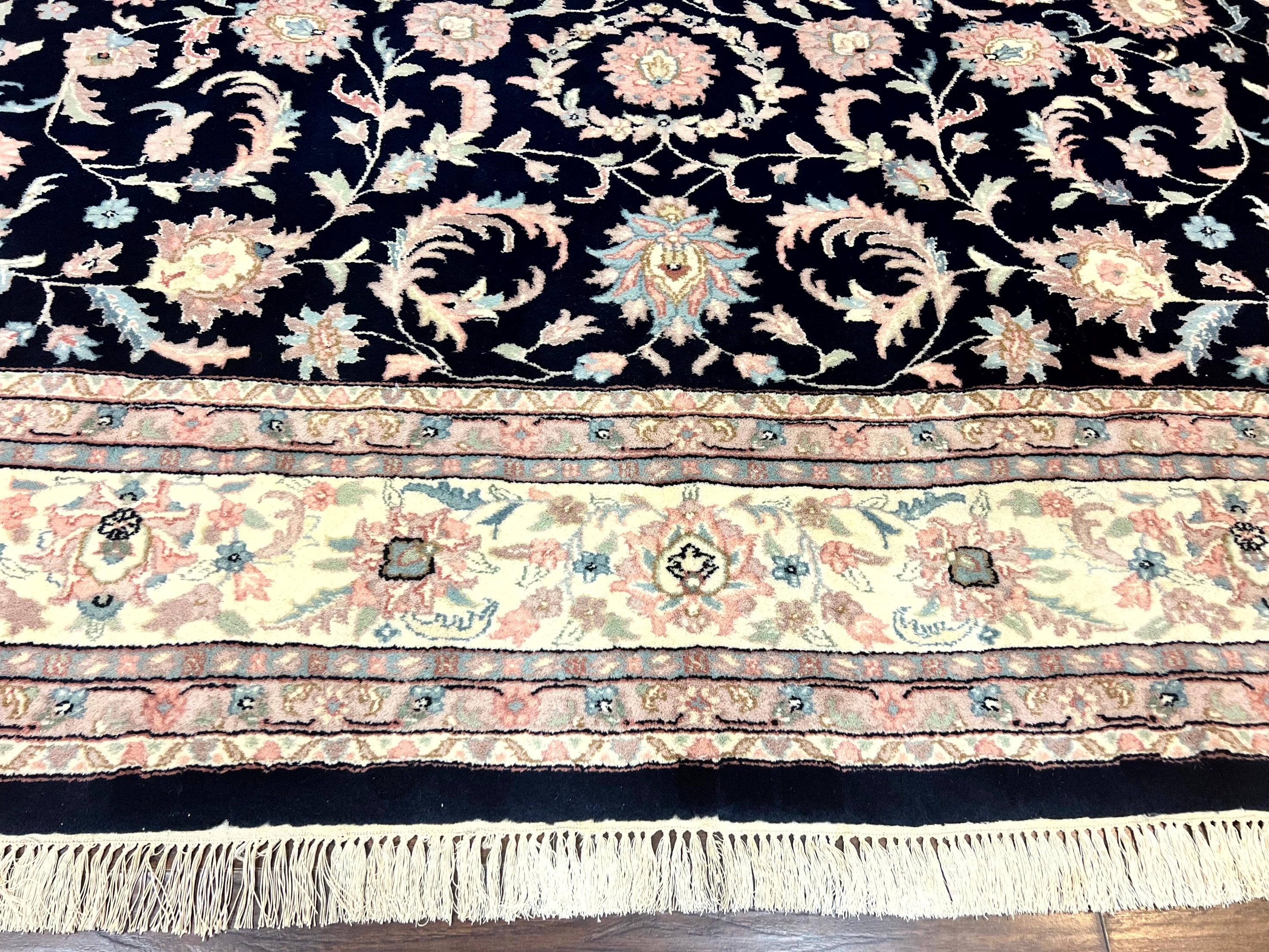 Indo Persian Rug 9x12, Navy Blue and Ivory/Cream, Floral Allover, Wool Vintage Handmade Carpet - Jewel Rugs