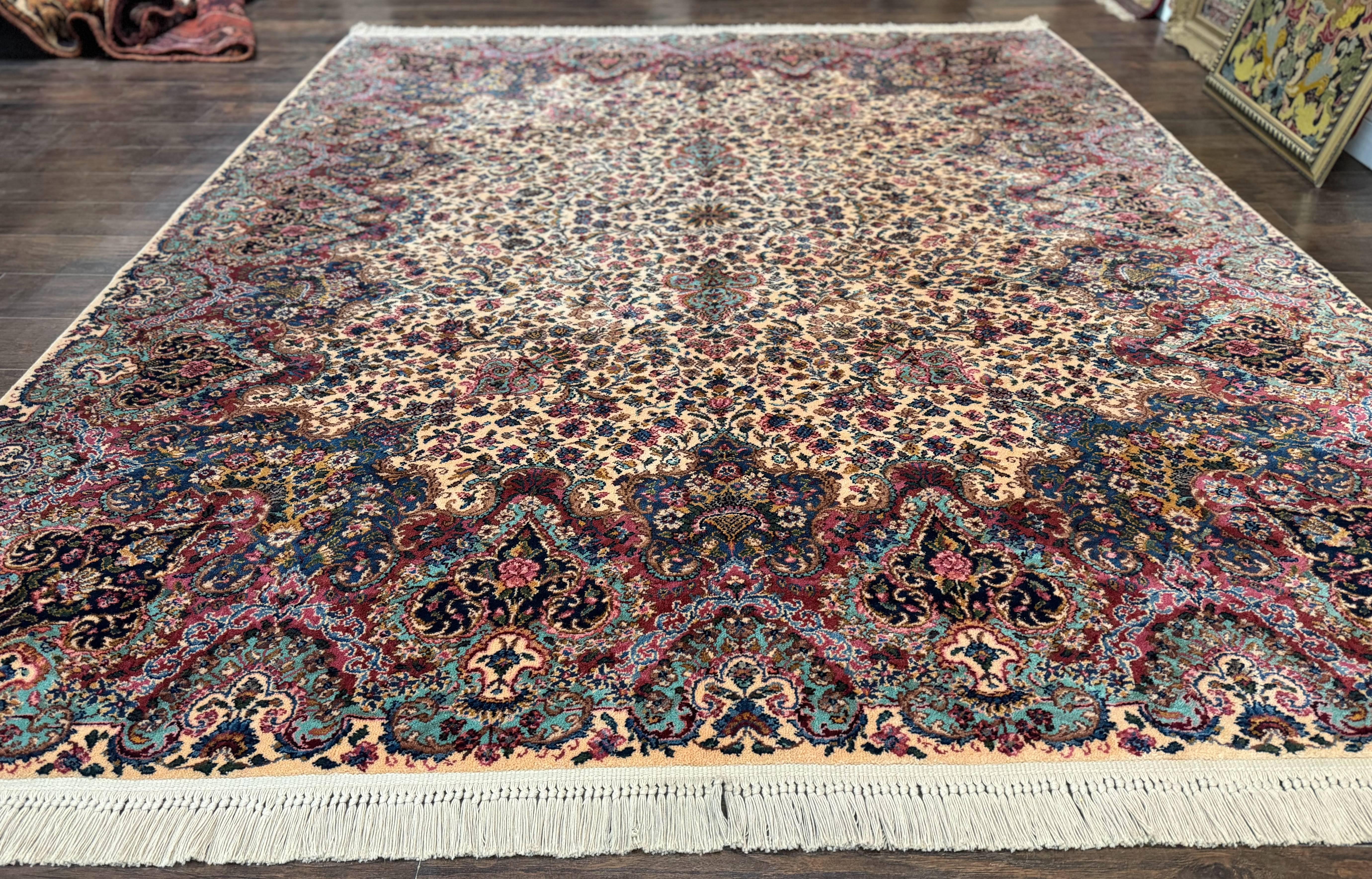 Karastan Ivory Kirman Rug 8.8 x 10.6, Karastan Floral Kirman #759, Wool Karastan Carpet #742, Vintage Original Karastan Rug Rare - Jewel Rugs