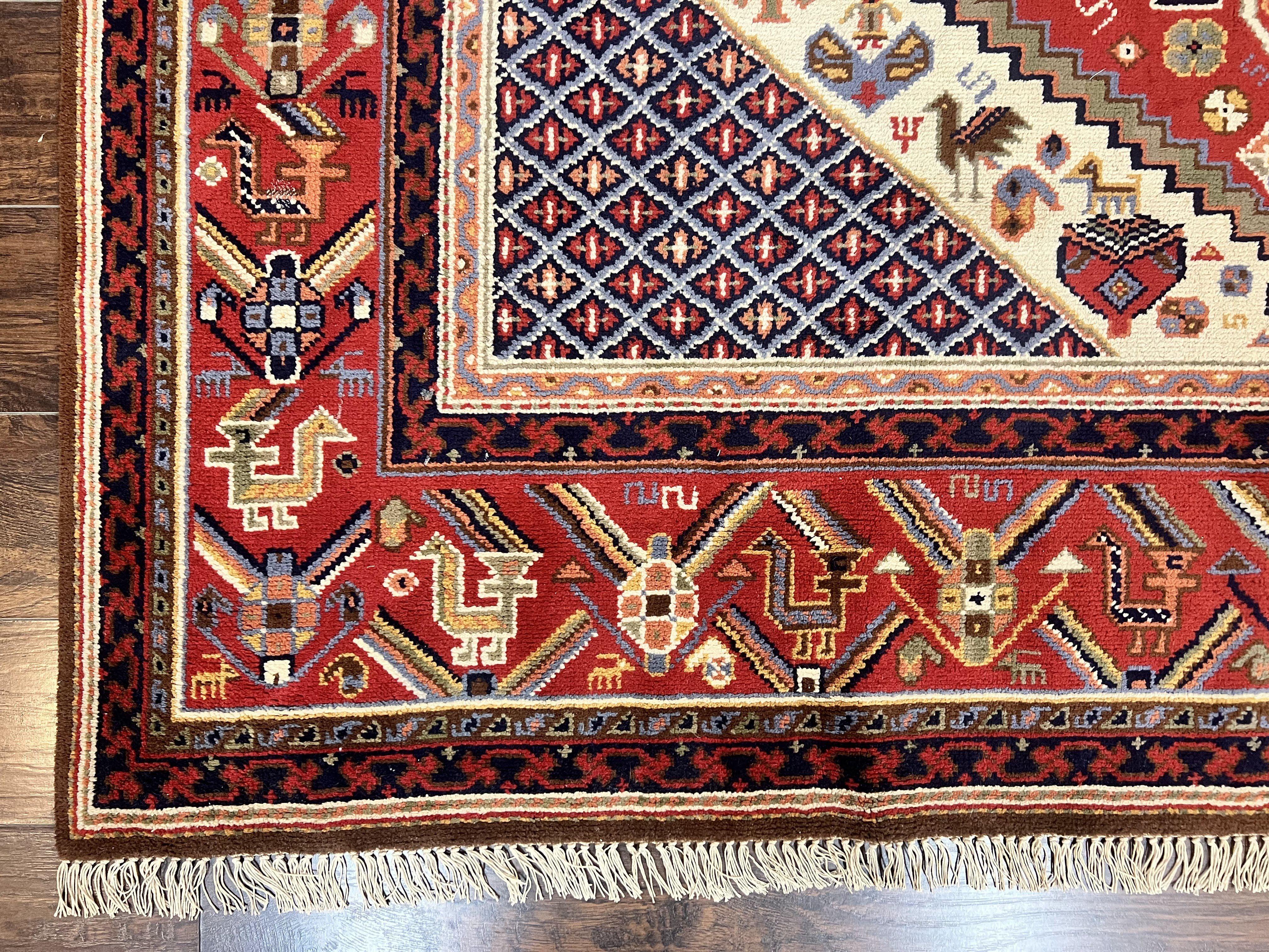 Belgium Power Loomed Rug 8x12, Geometric Medallions Persian Tribal Pattern, Vintage Wool Carpet, Ivory Red Blue - Jewel Rugs