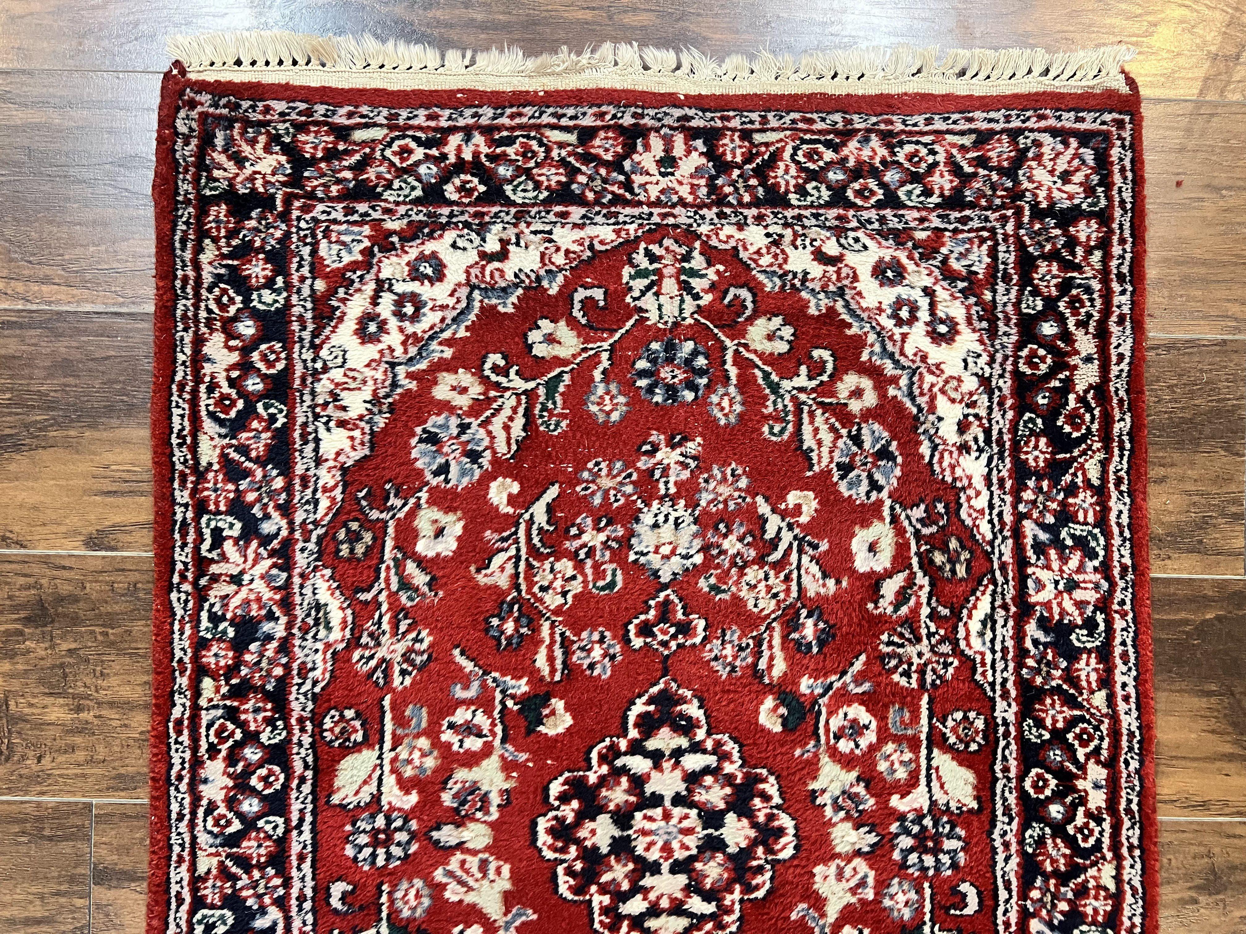 Indo Sarouk Runner Rug 3x8, Wool Hand Knotted Vintage Carpet, Red & Navy Blue Oriental Persian Runner 3 x 8, Floral Hallway Rug - Jewel Rugs
