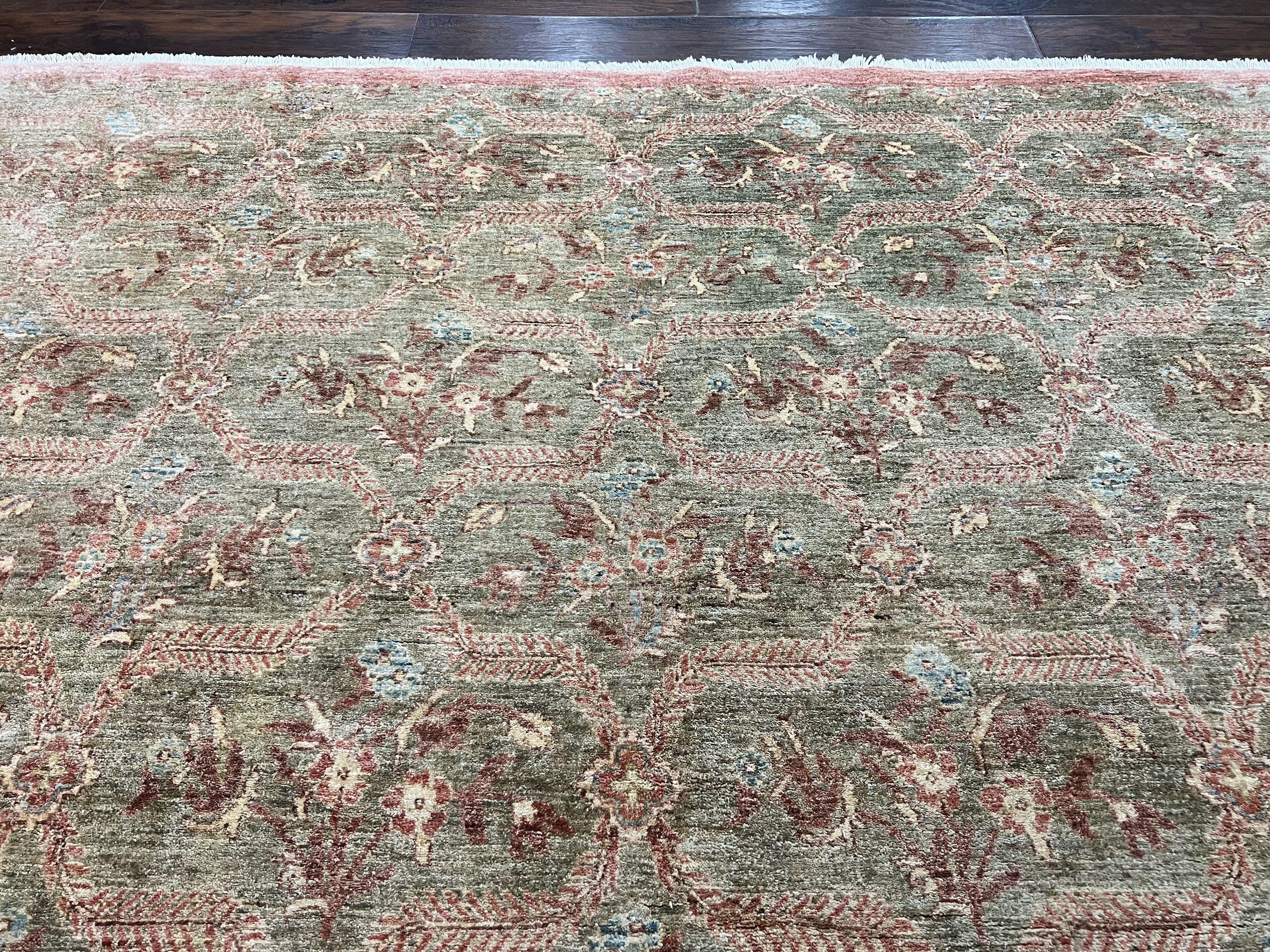 Large Modern Pakistani Rug 9x12, Handmade Wool Carpet, Peshawar Rug, Hand Knotted Oriental Rug, Contemporary, Floral, Light Green - Jewel Rugs